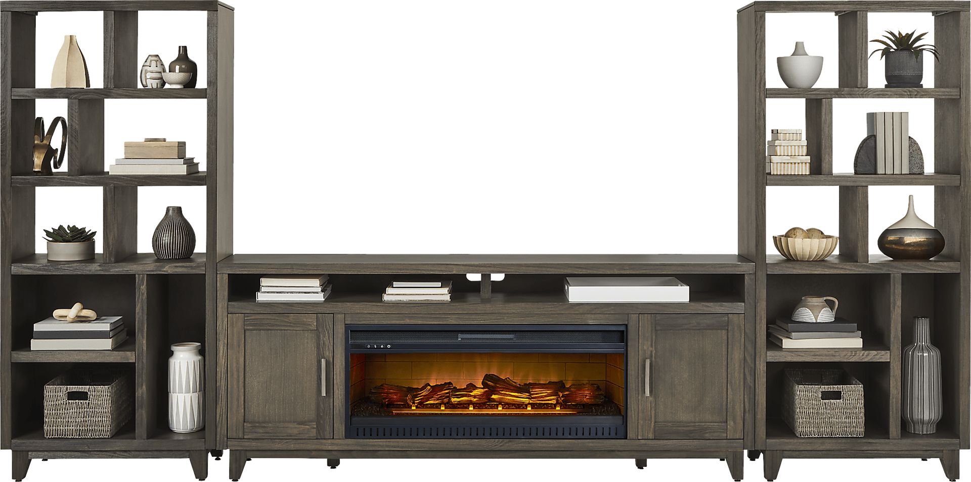 Valinor Brown 4 Pc Wall Unit with 80 in. Console and Electric Log Fireplace - Image 2