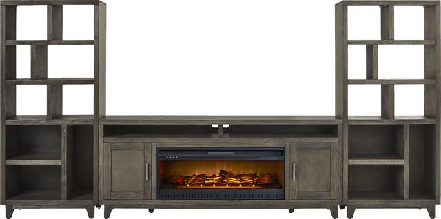 Valinor Brown 4 Pc Wall Unit with 80 in. Console and Electric Log Fireplace - Thumbnail - Image 1