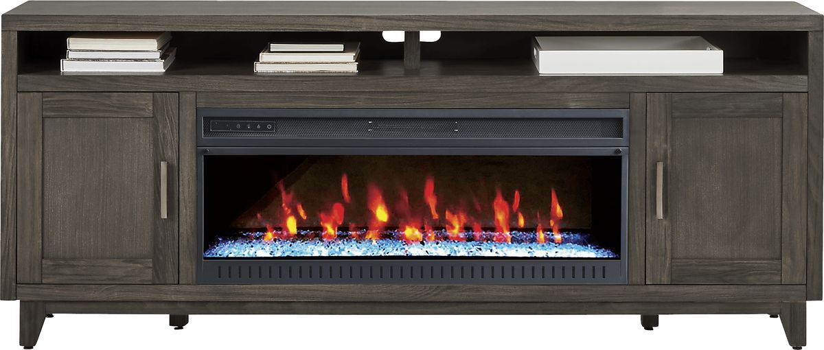 Valinor 2 Pc Smoke Gray 80 in. Console With Crystal Firebox Rooms to Go