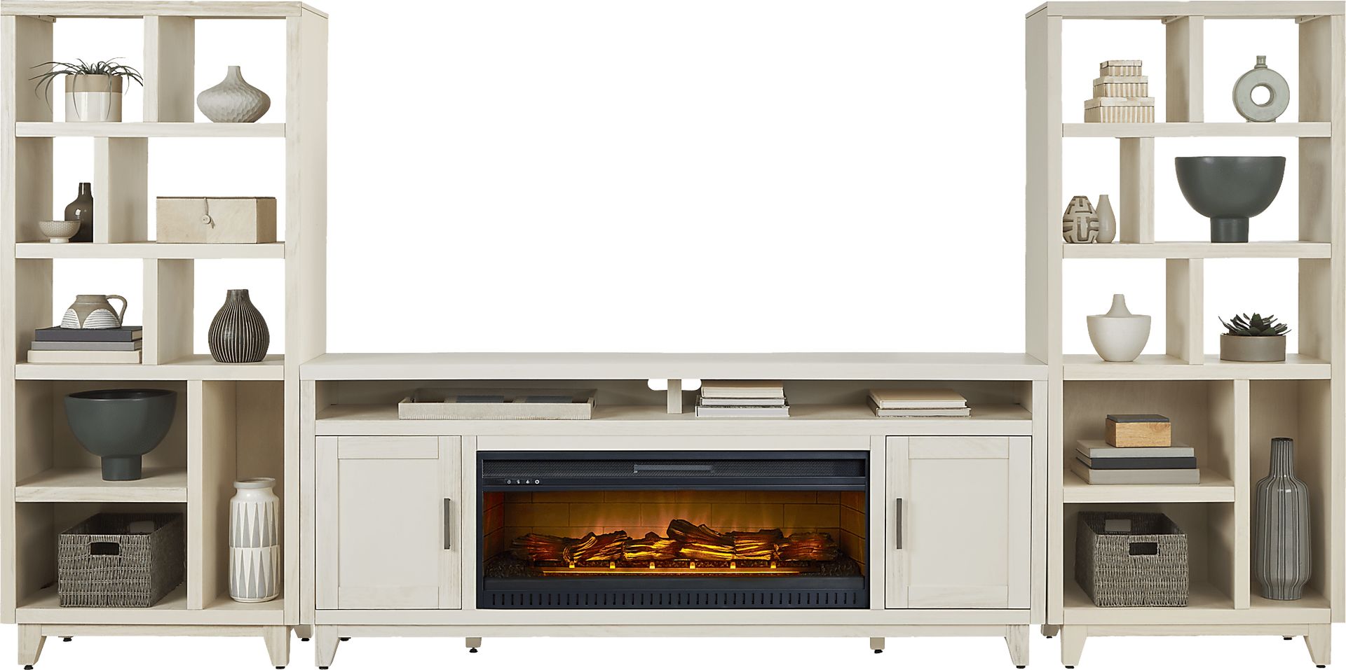 Valinor White 4 Pc Wall Unit with 80 in. Console and Electric Log Fireplace - Image 2