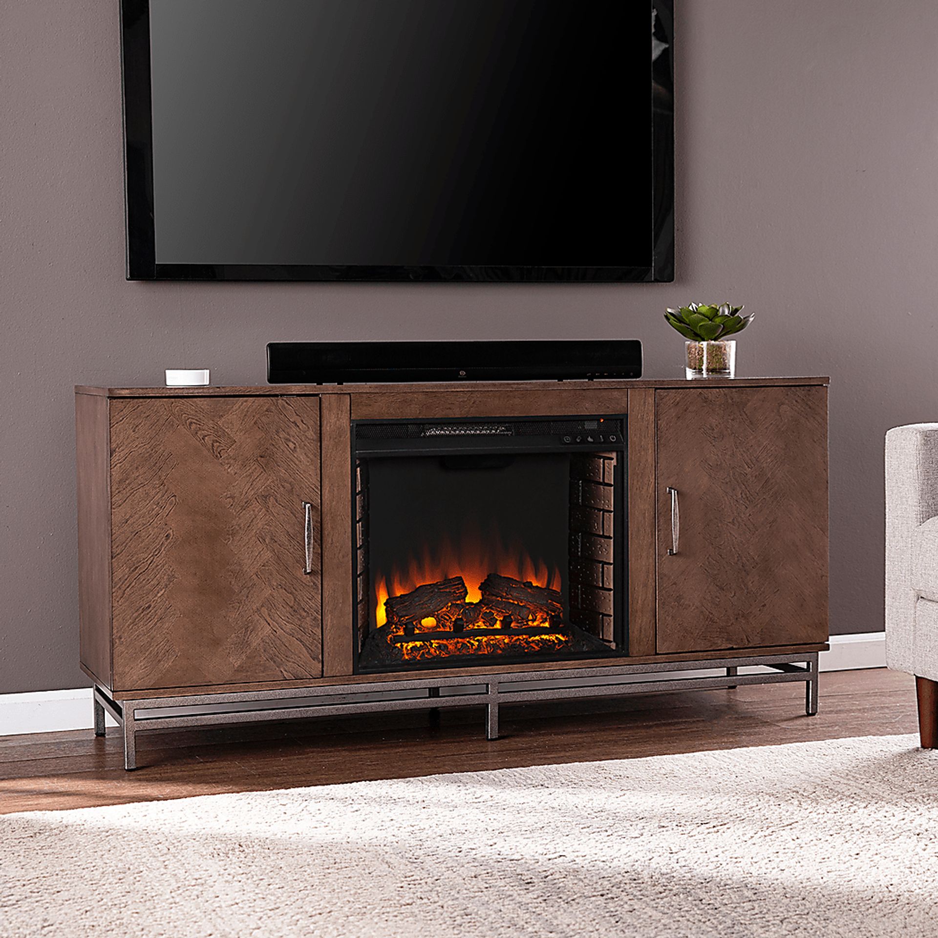 Varlet II Brown 60 in. Console With Electric Log Fireplace - Image 5