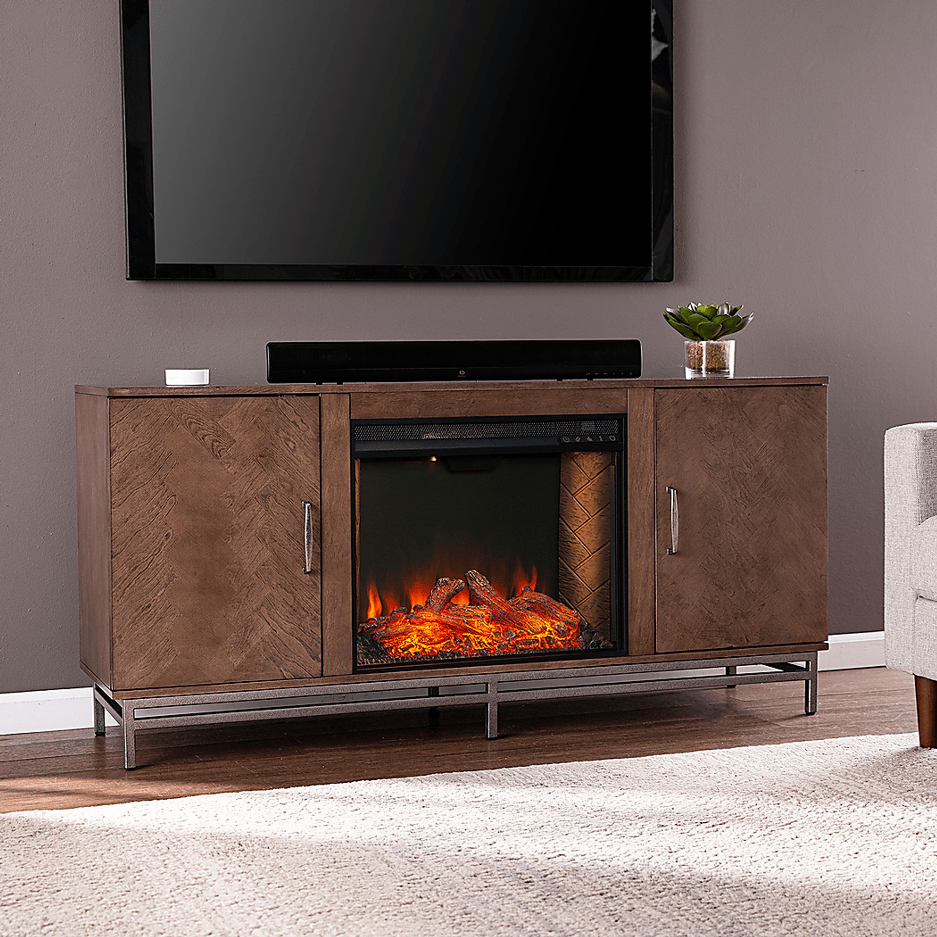 Varlet III Brown 60 in. Console With Smart Electric Fireplace - Image 5