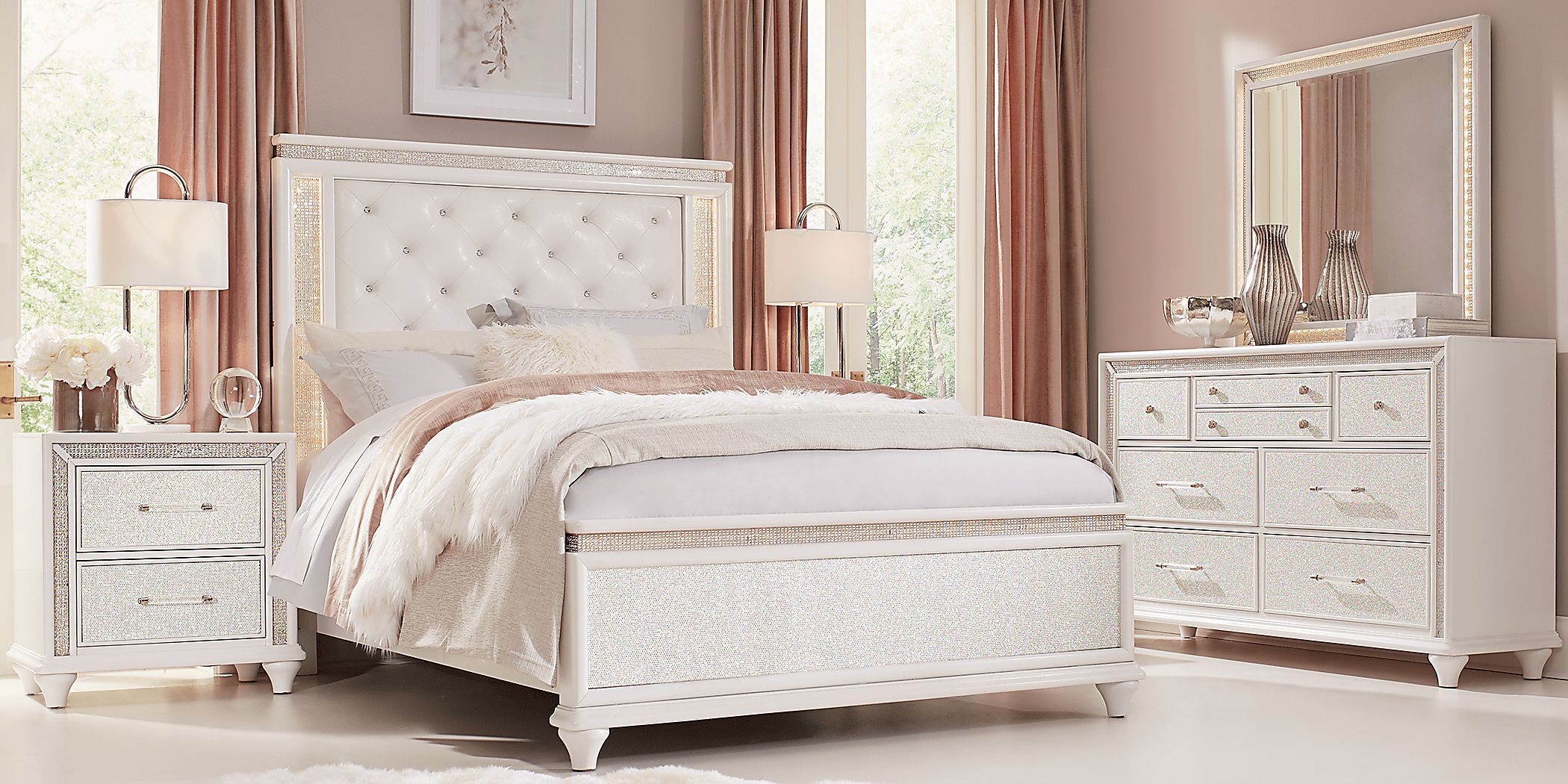 Vegas 5 Pc White Colors,White Queen Bedroom Set With Dresser, Mirror, 3 Pc  Queen Panel Bed - Rooms To Go
