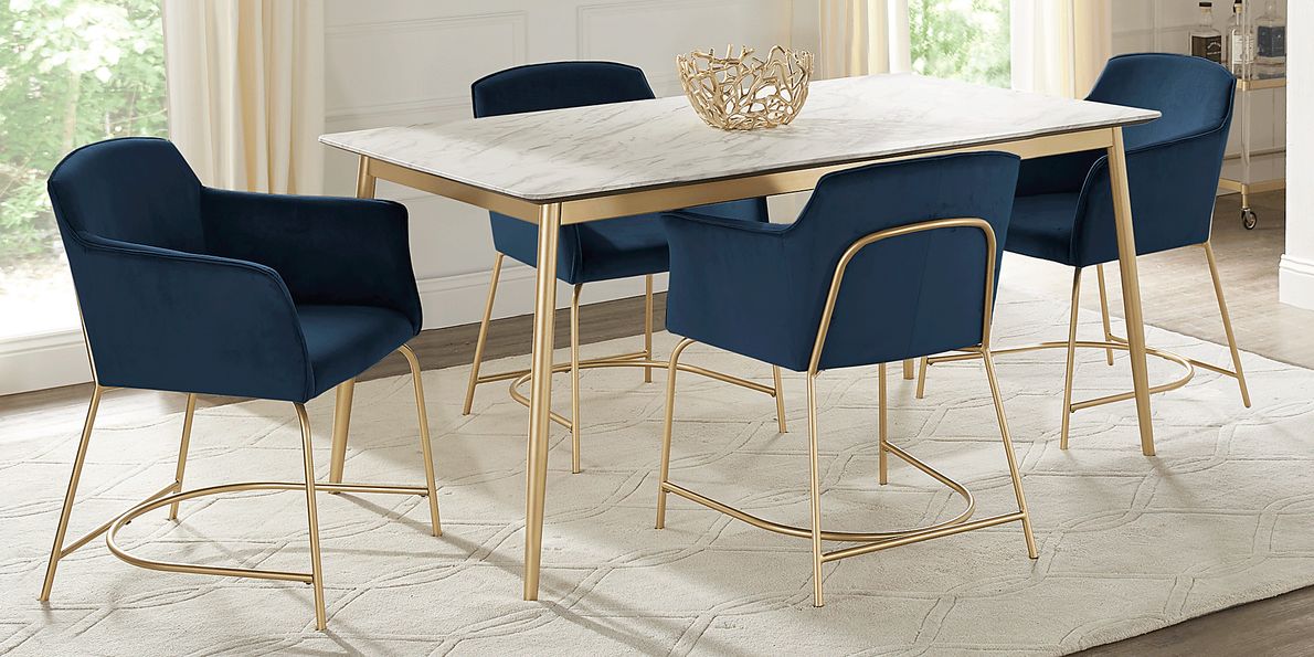 Venetian Court 5 Pc Gold Colors Metal Blue Dining Room Set With Dining Table Arm Chair