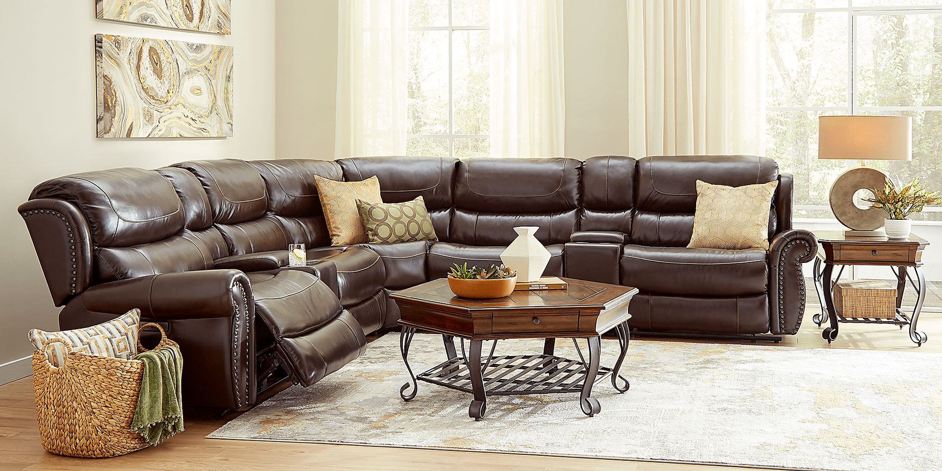 Venezio Brown Leather 10 Pc Reclining Sectional Living Room - Image 1