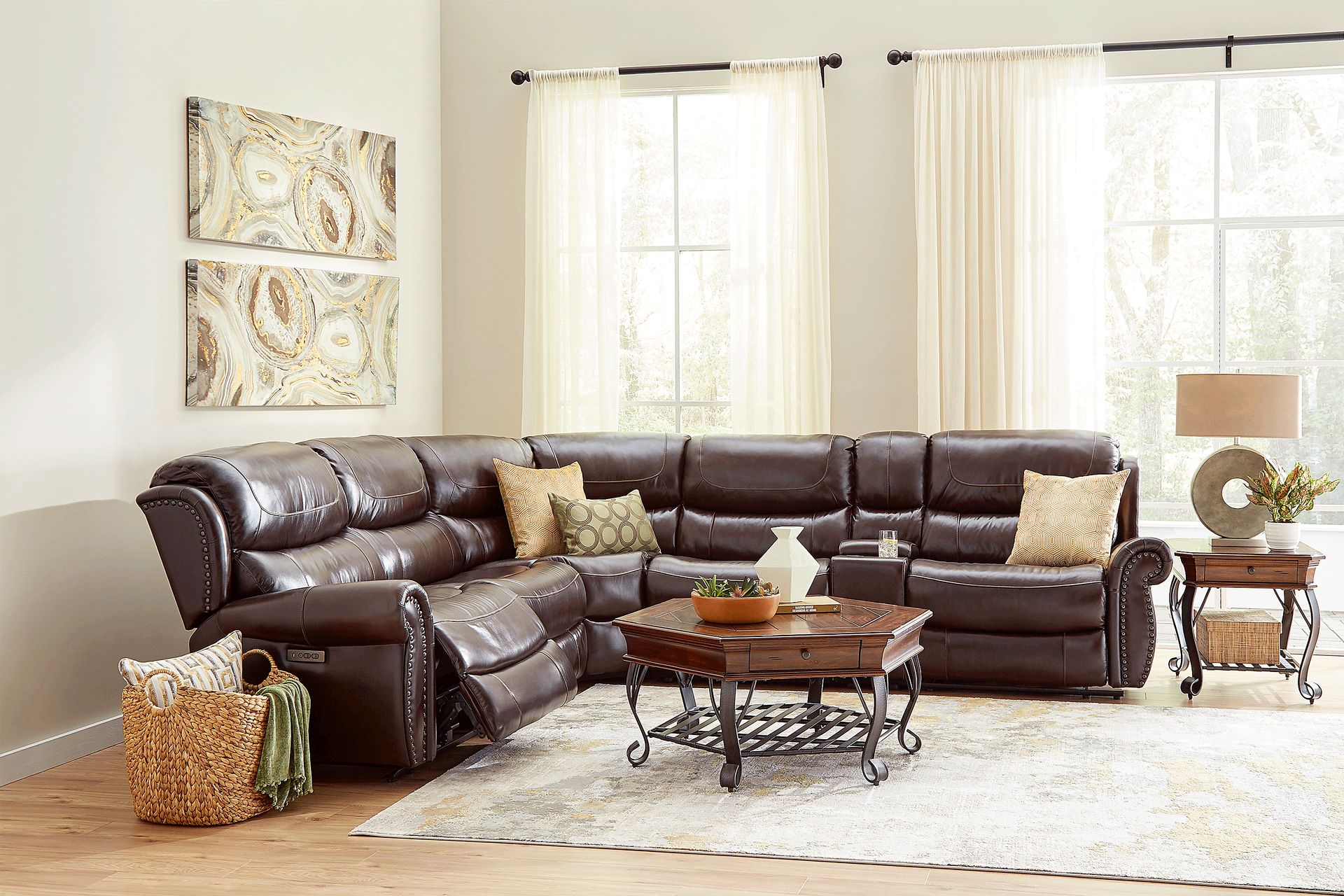 Venezio Brown Leather 8 Pc Dual Power Reclining Sectional Living Room Plus 70 in. TV - Image 1