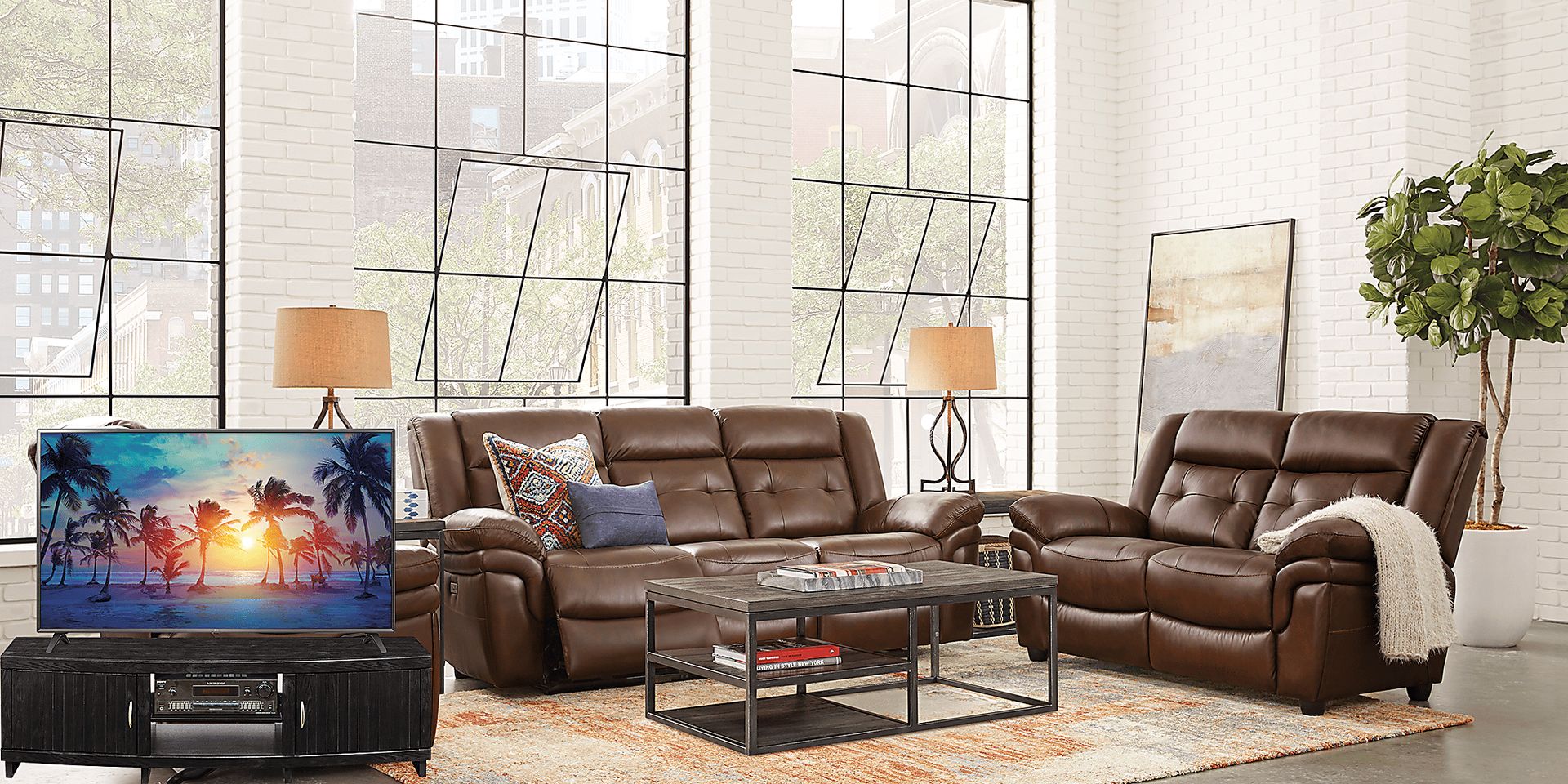 Ventoso Brown Leather 6 Pc Reclining Living Room Plus 65 in. TV - Image 1
