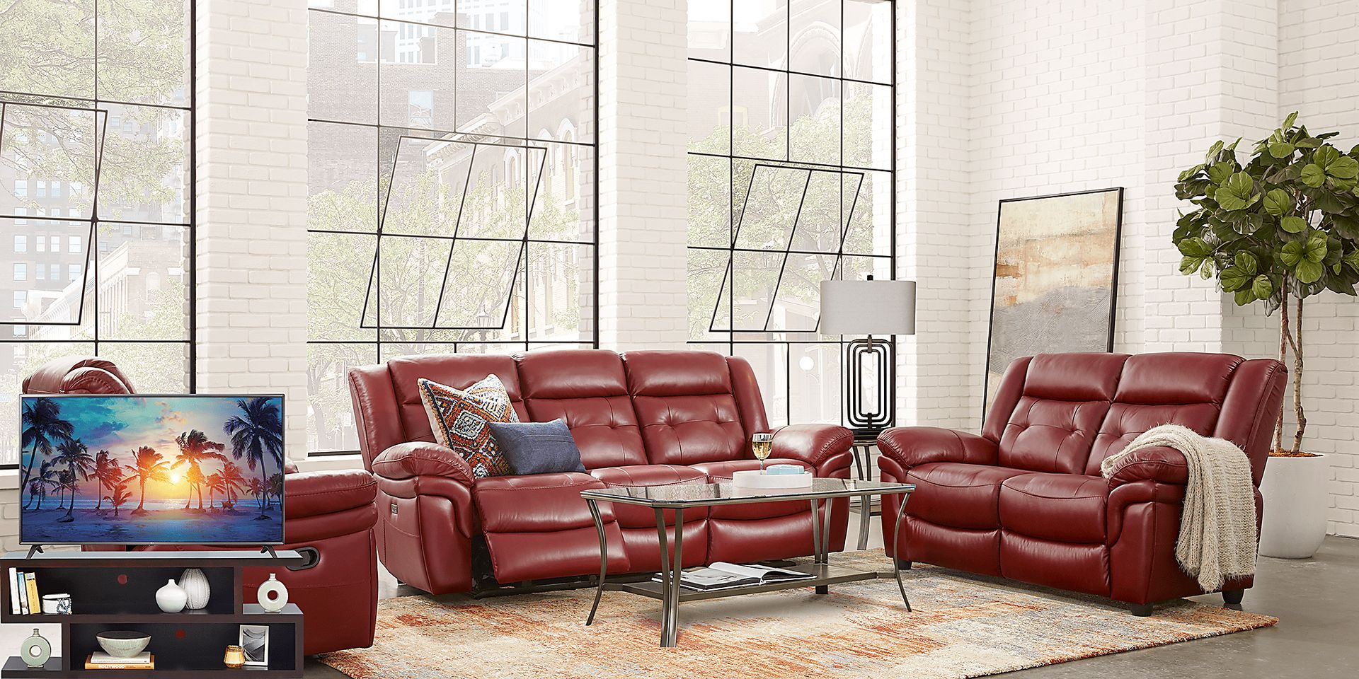 Ventoso Red Leather 6 Pc Living Room with Reclining Sofa Plus 70 in. TV - Image 1
