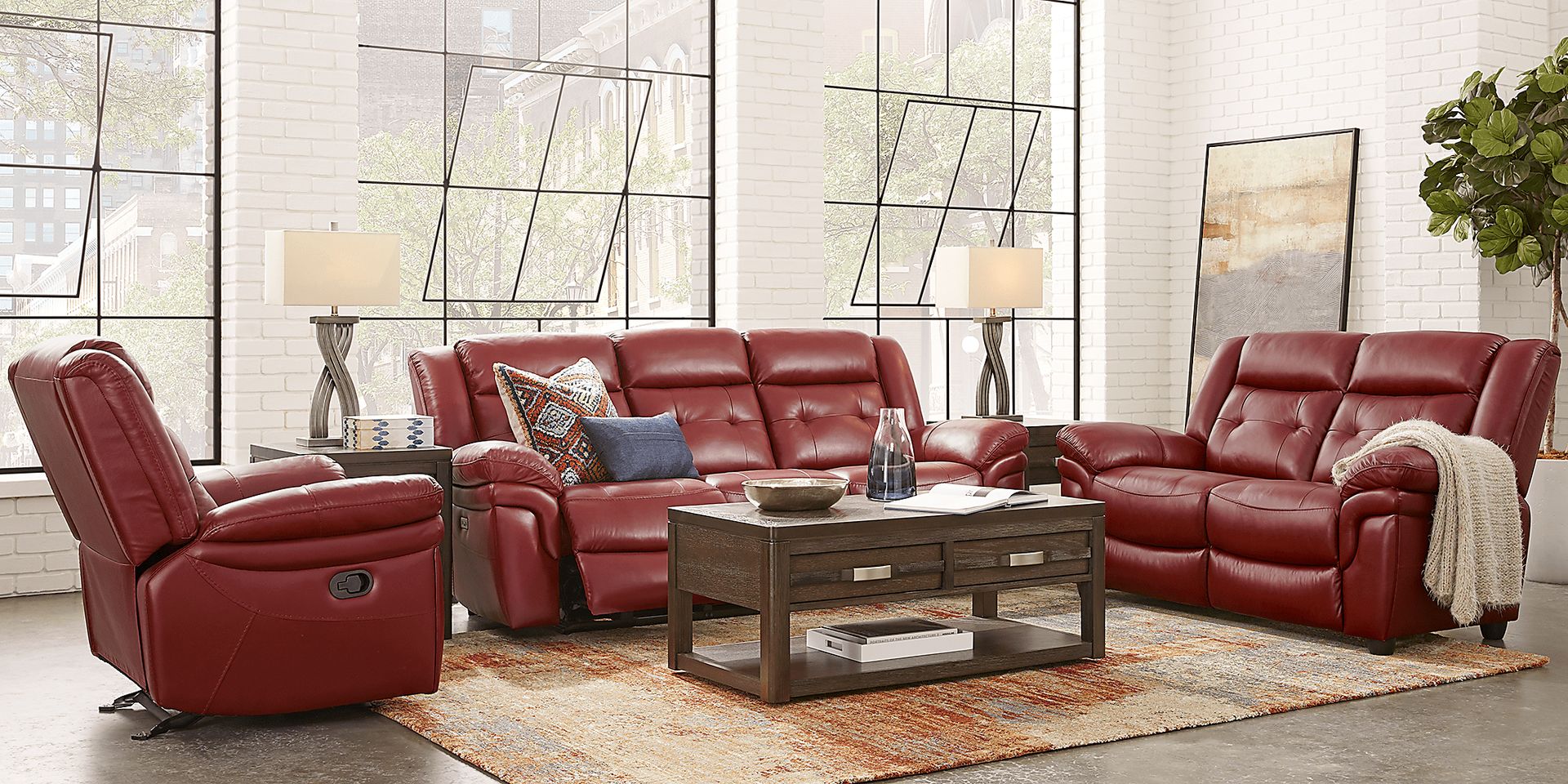 Ventoso Red Leather 7 Pc Living Room with Reclining Sofa - Image 1