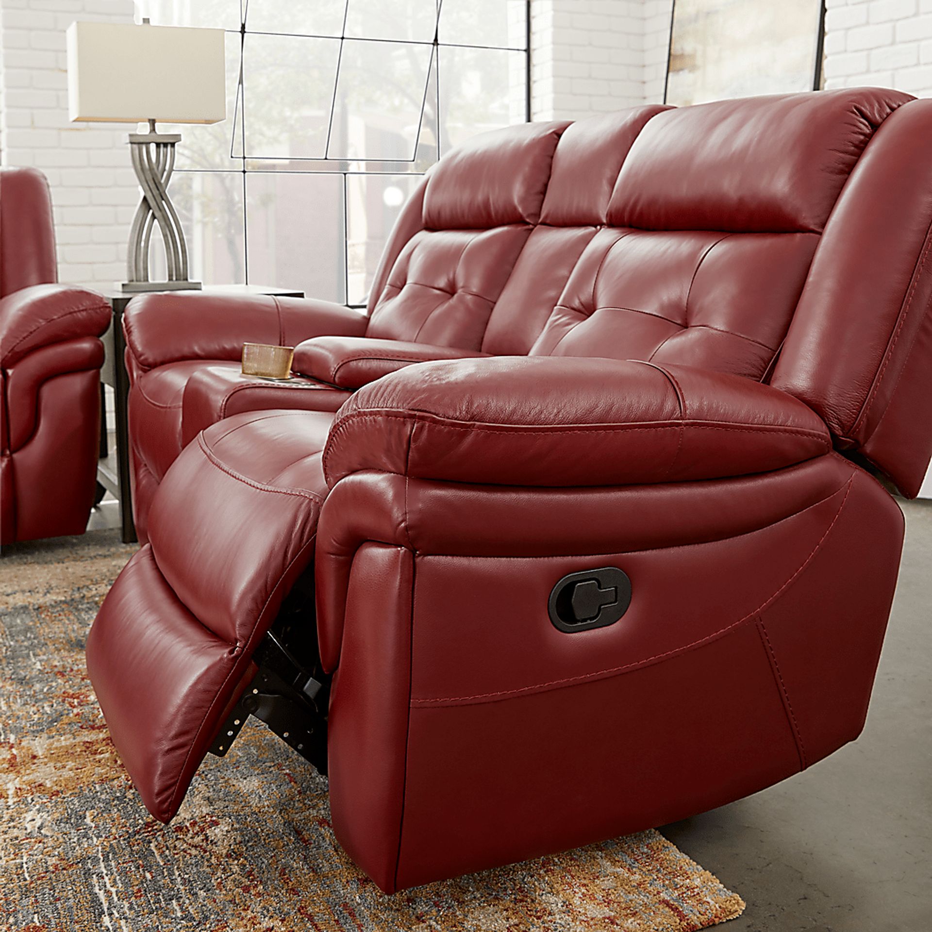Ventoso Red Leather Reclining Console Loveseat - Image 5
