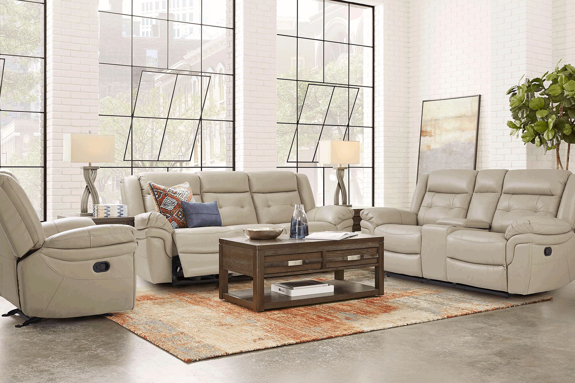 Ventoso Sand Leather 3 Pc Reclining Living Room - Image 1