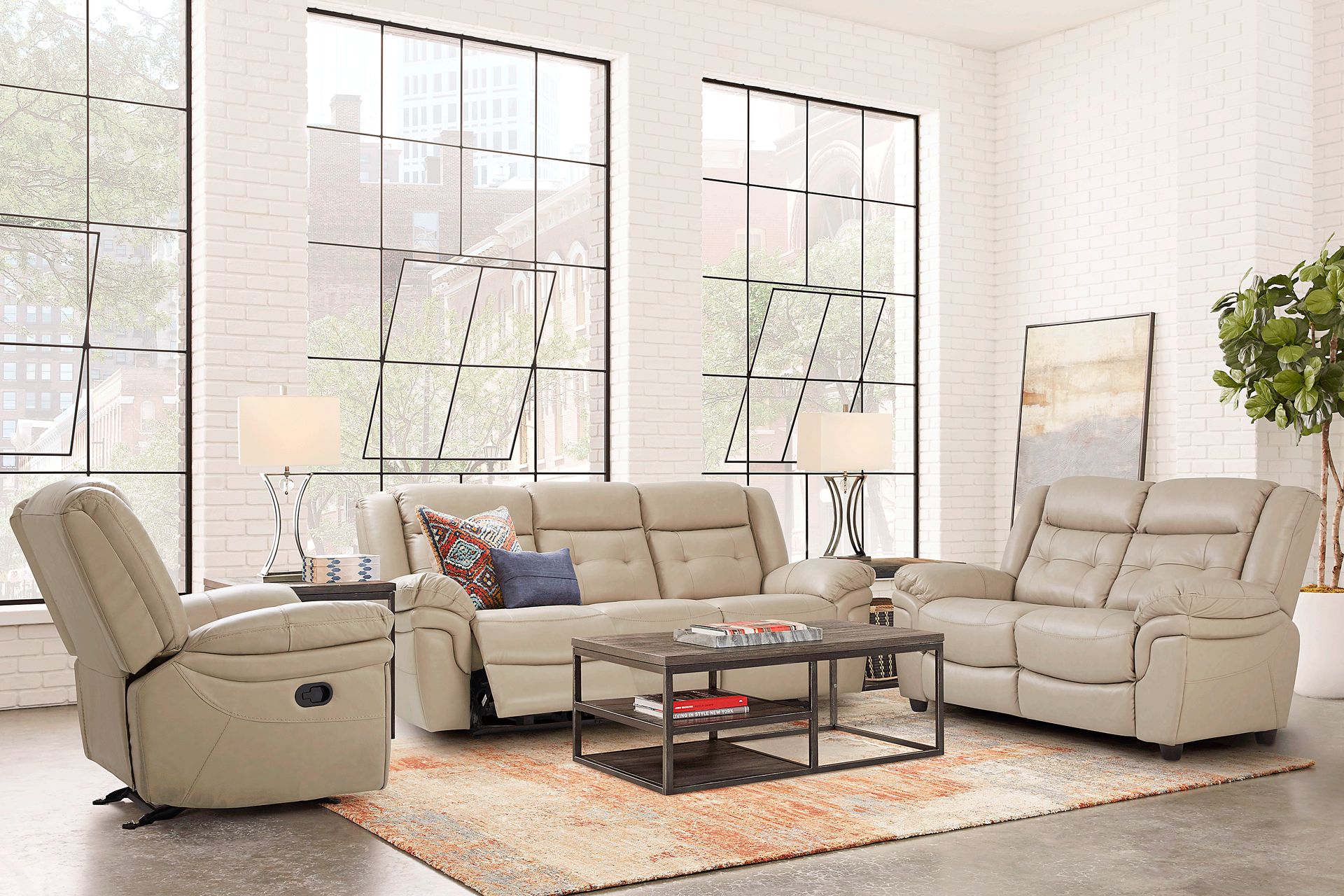 Ventoso 5 Pc Sand Beige Leather Manual Reclining Living Room Set With