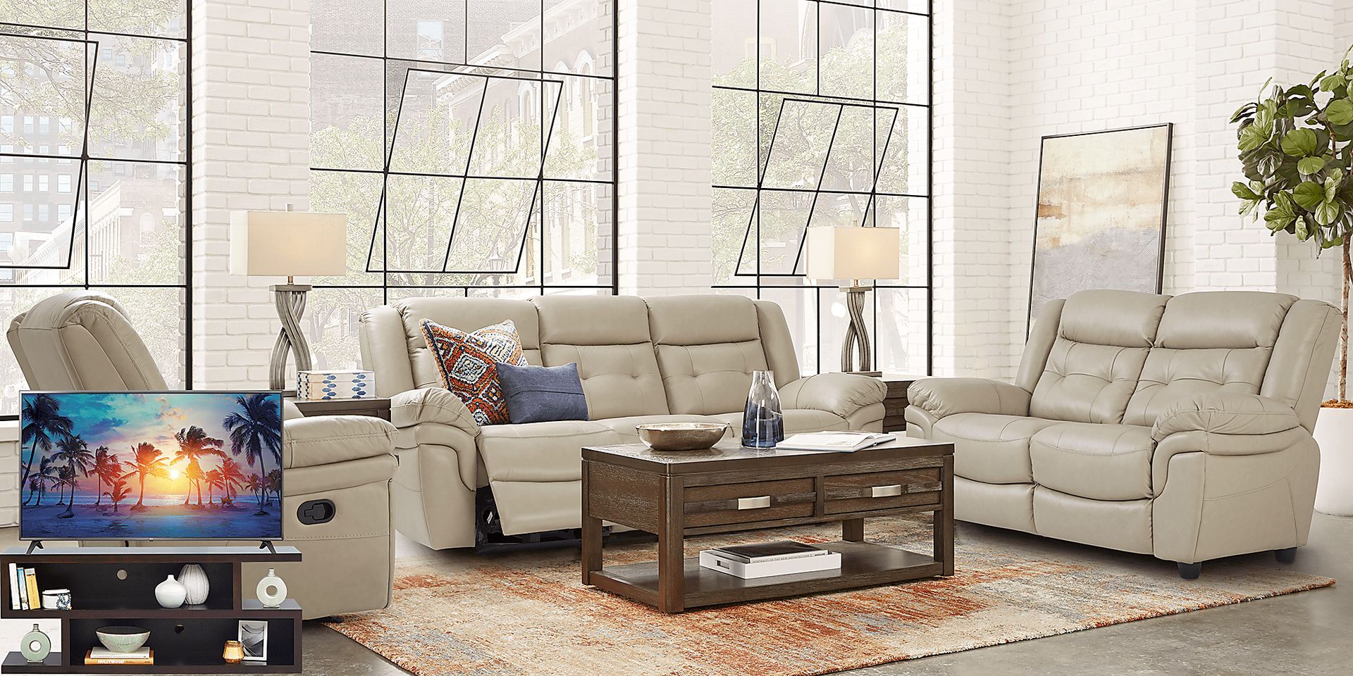 Ventoso Sand Leather 6 Pc Living Room with Reclining Sofa Plus 70 in. TV - Image 1