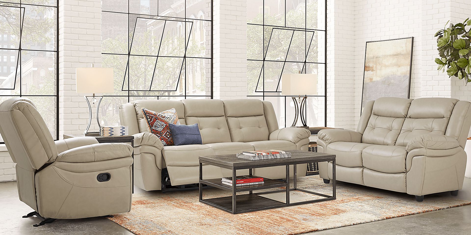 Ventoso Sand Leather 7 Pc Living Room with Reclining Sofa - Image 1