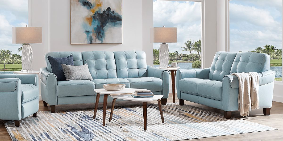 Ventura Square 6 Pc Blue Leather Living Room Set Rooms To Go