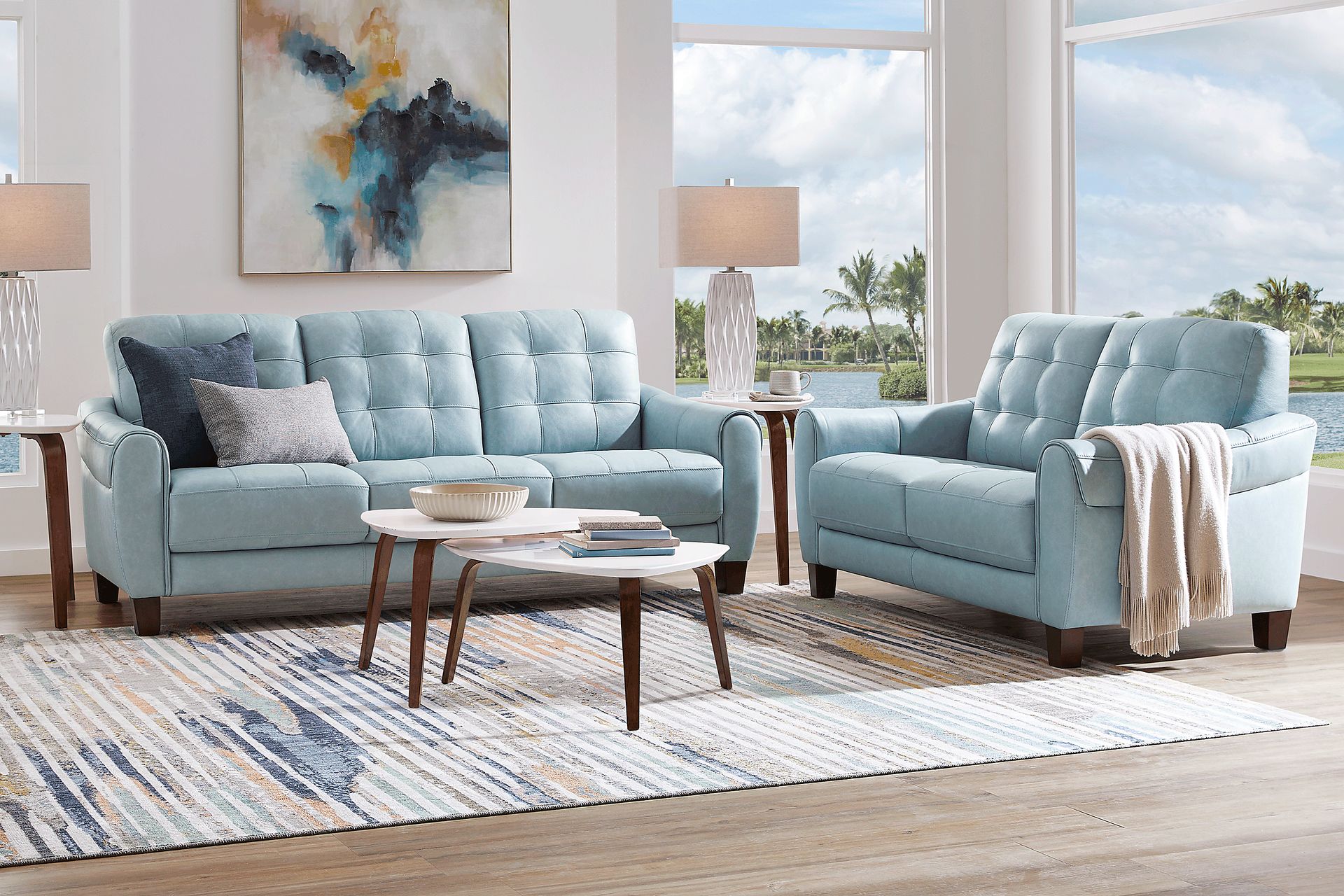 Ventura Square Blue Leather 7 Pc Living Room - Image 1