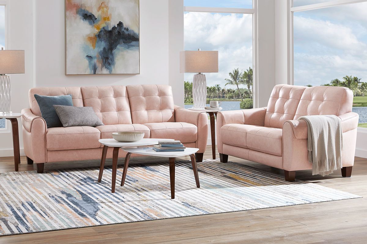 Ventura Square 5 Pc Blush Beige Leather Living Room Set With Sofa ...