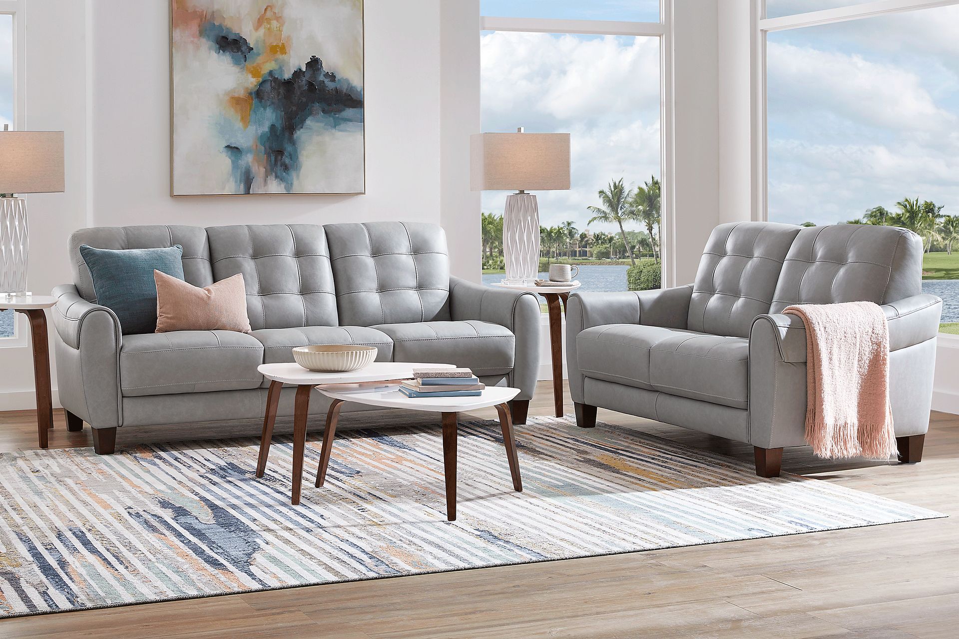 Ventura Square Gray Leather Loveseat - Image 2