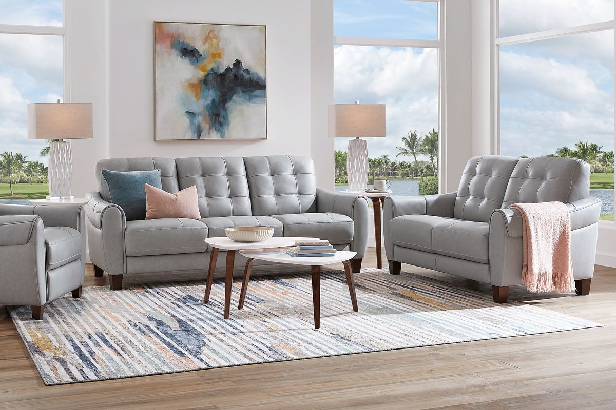 Ventura Square 8 Pc Gray Leather Living Room Set With Sofa, Loveseat ...