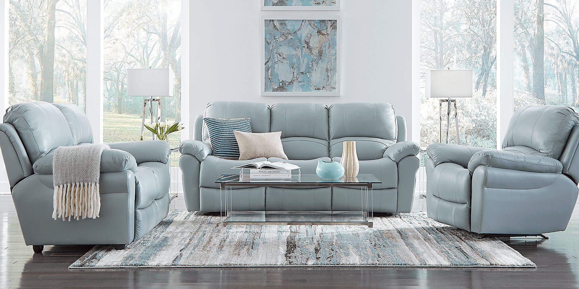 Vercelli Aqua Leather 3 Pc Living Room with Reclining Sofa - Image 1