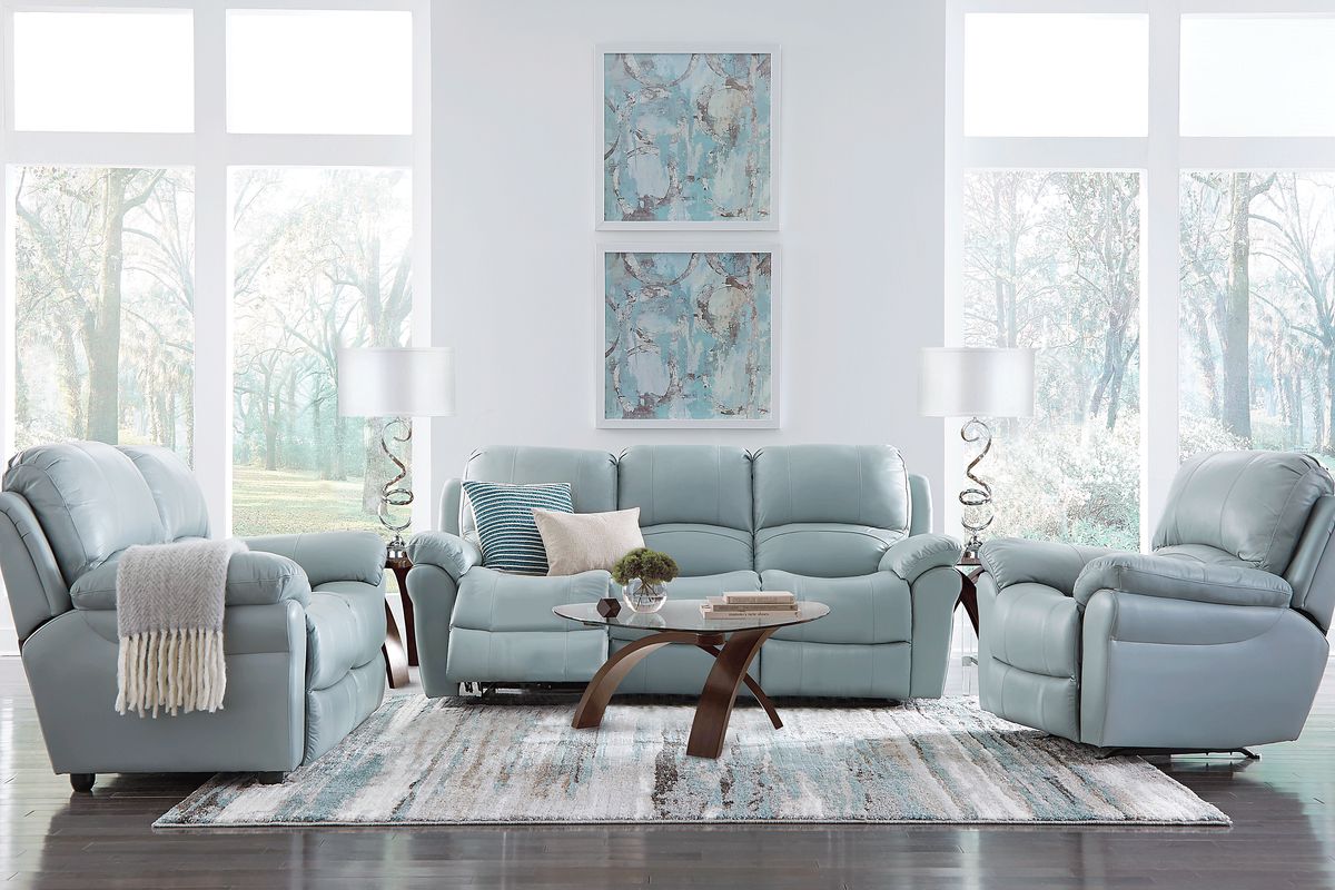 Vercelli 3 Pc Aqua Blue Leather Living Room Set With Reclining Sofa ...