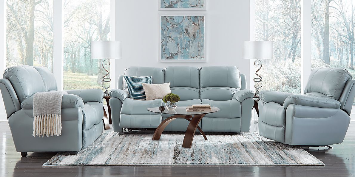 Vercelli Aqua Leather 3 Pc Living Room with Reclining Sofa