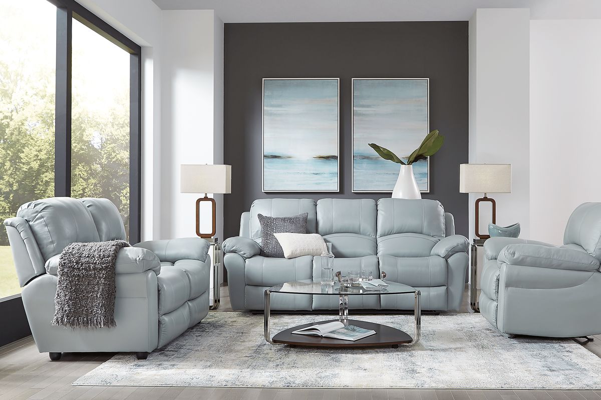 Vercelli 3 Pc Aqua Blue Leather Power Reclining Living Room Set With
