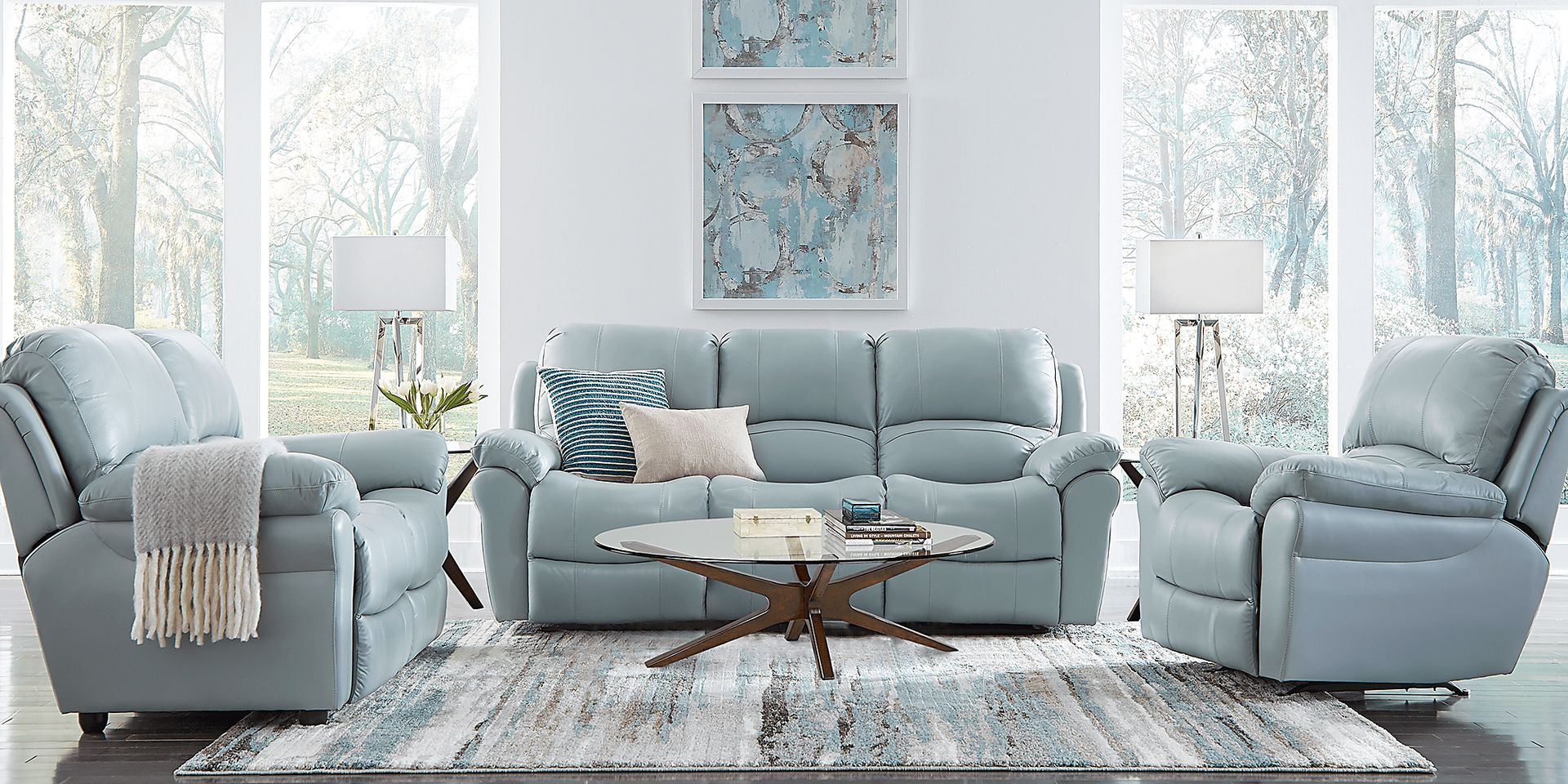 Vercelli Aqua Leather 5 Pc Living Room with Reclining Sofa - Image 1
