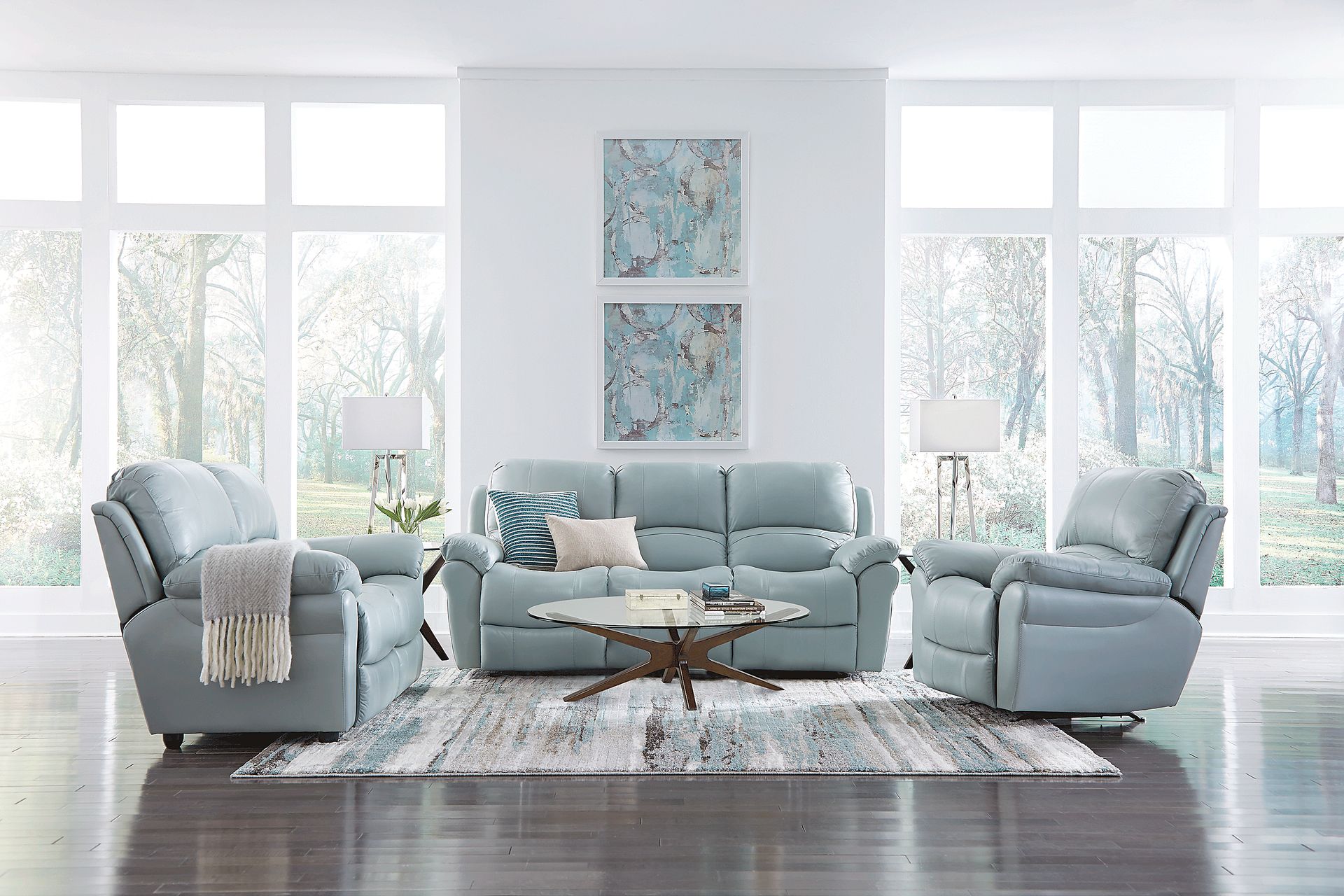 Vercelli 5 Pc Aqua Blue Leather Living Room Set With Reclining Sofa