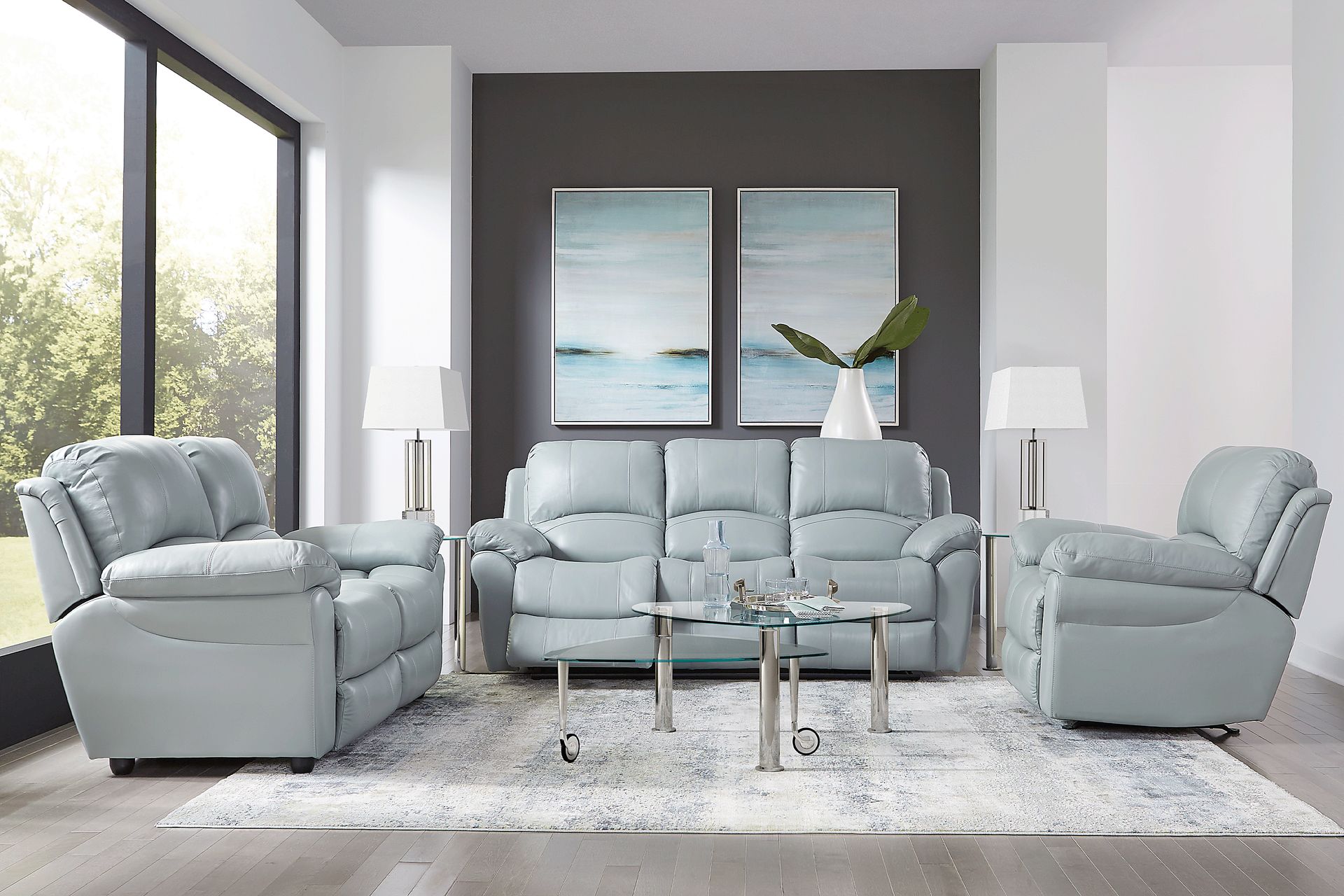 Vercelli Aqua Leather 7 Pc Living Room with Reclining Sofa - Image 1