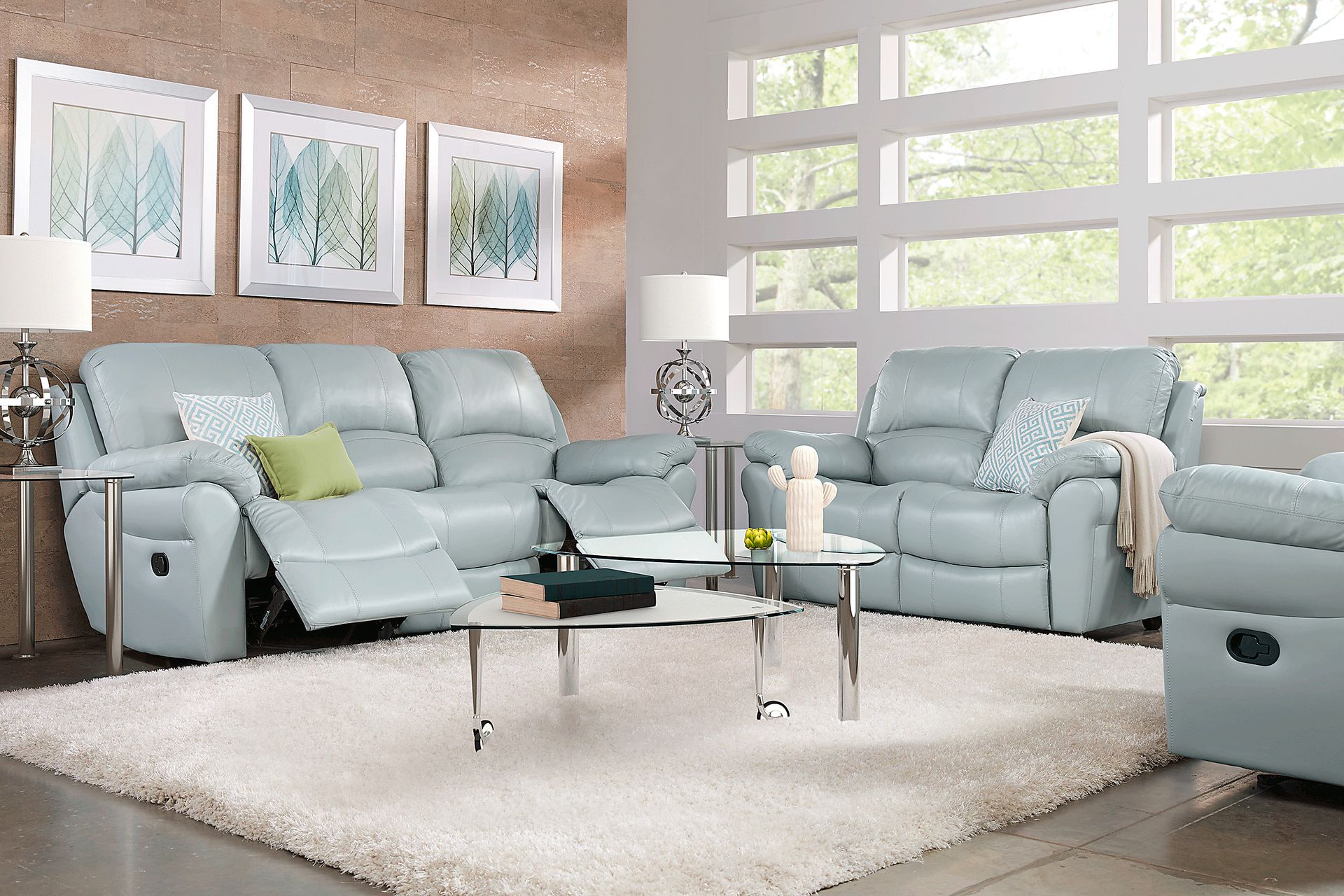 Vercelli Aqua Leather 7 Pc Living Room with Reclining Sofa - Image 1