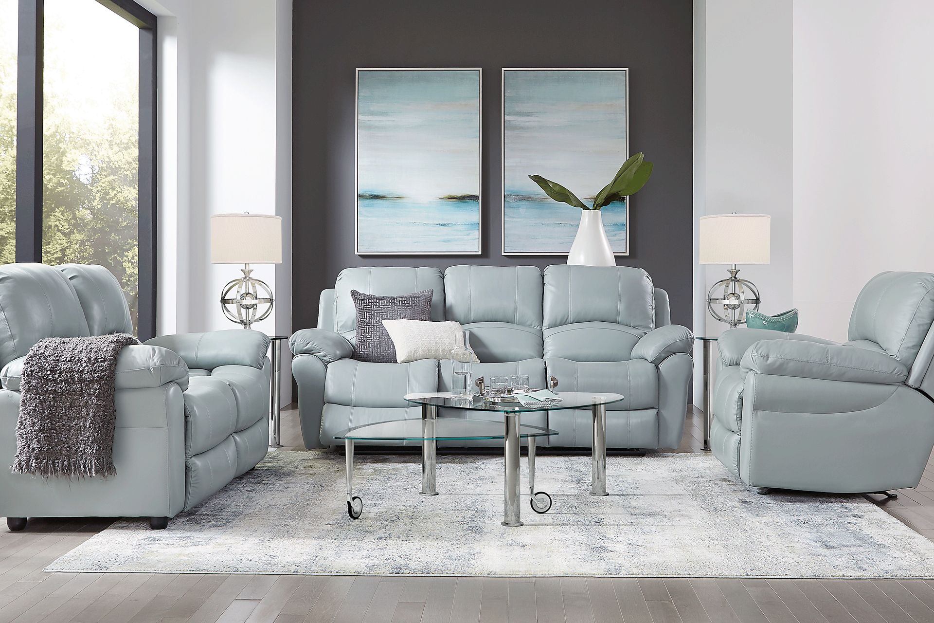 Vercelli Aqua Leather 7 Pc Living Room with Reclining Sofa - Image 1