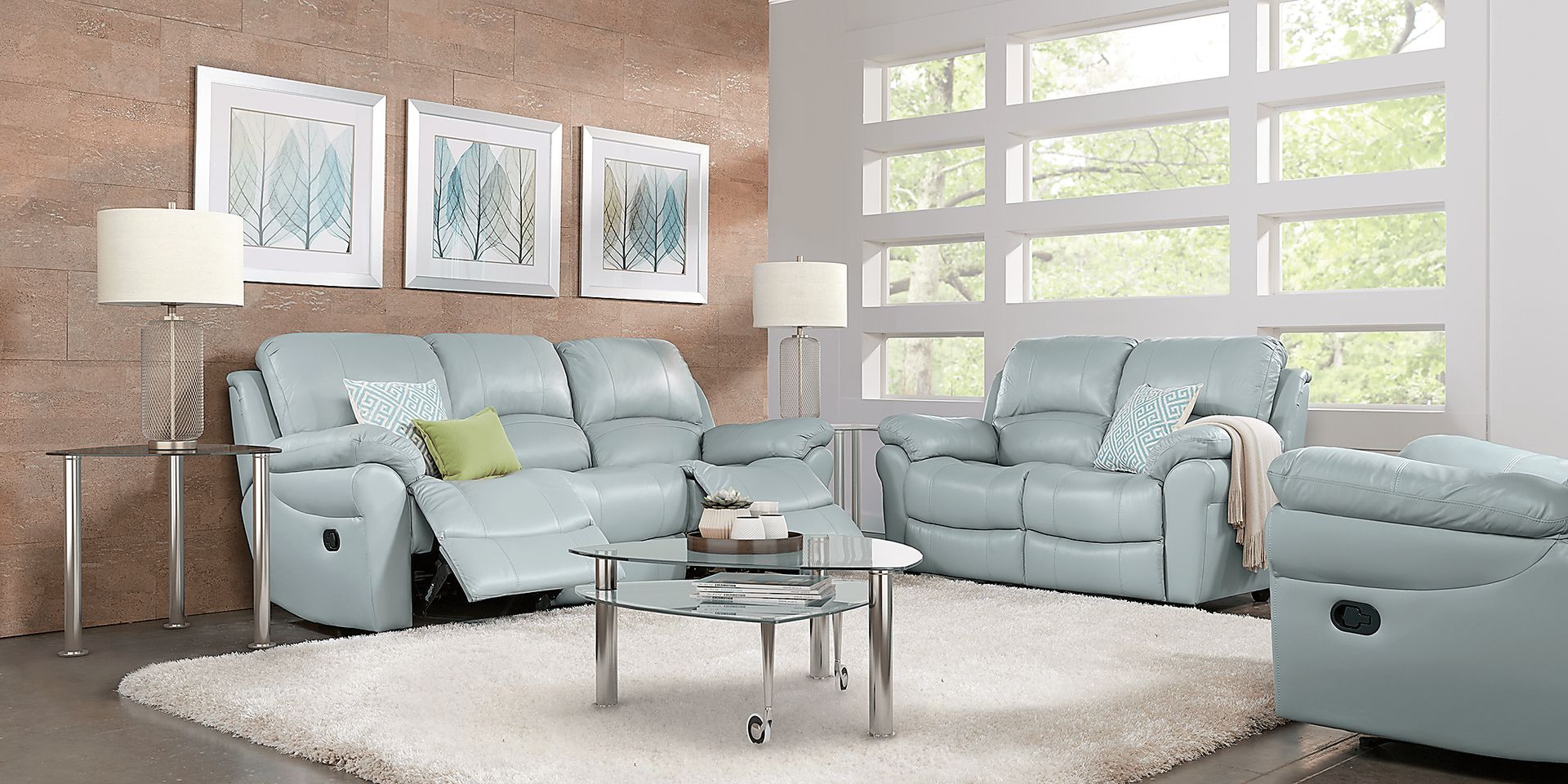 Vercelli Aqua Leather 7 Pc Living Room with Reclining Sofa - Image 1