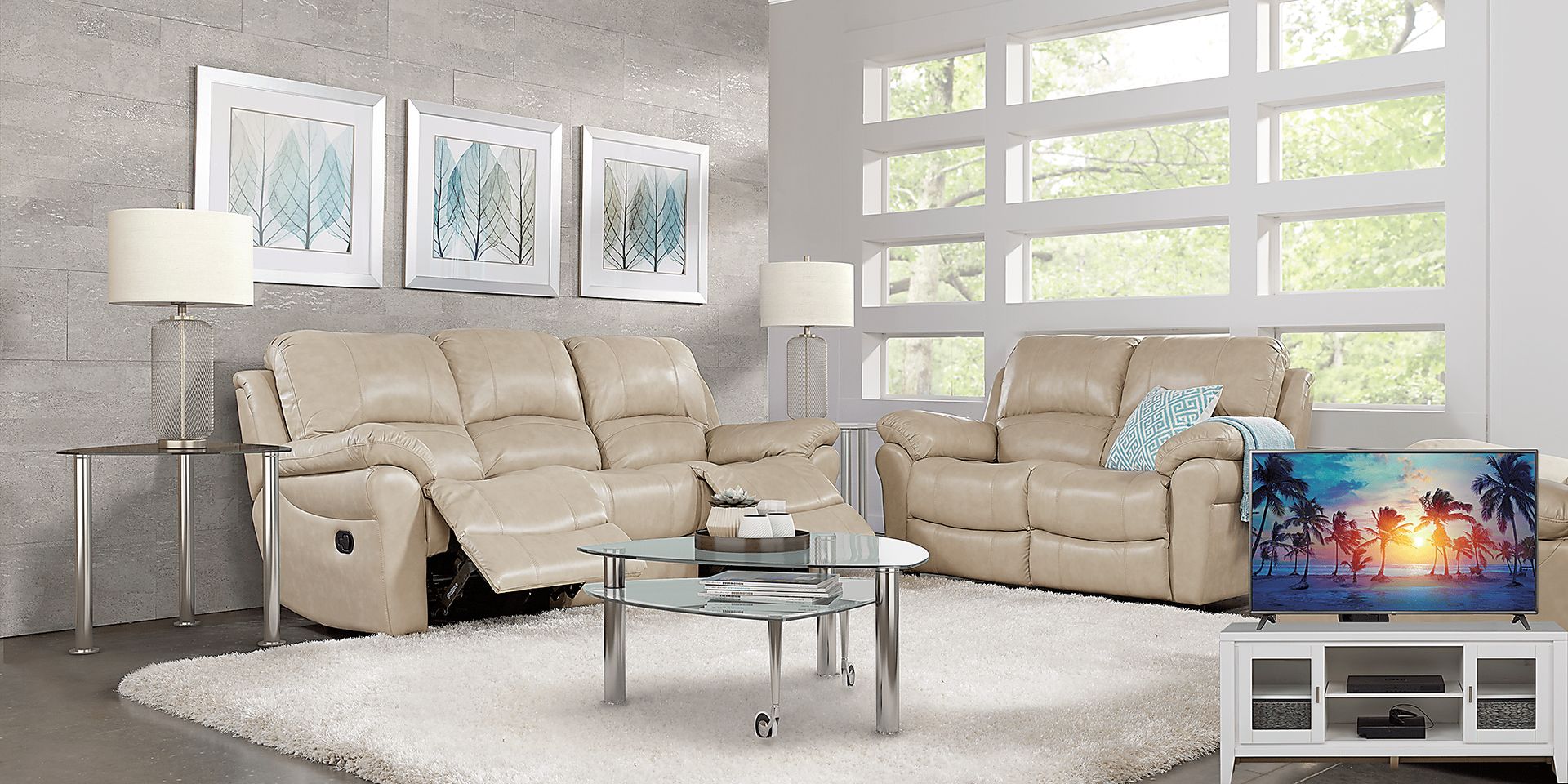 Vercelli Stone Leather 8 Pc Living Room with Reclining Sofa Plus 70 in. TV - Image 1