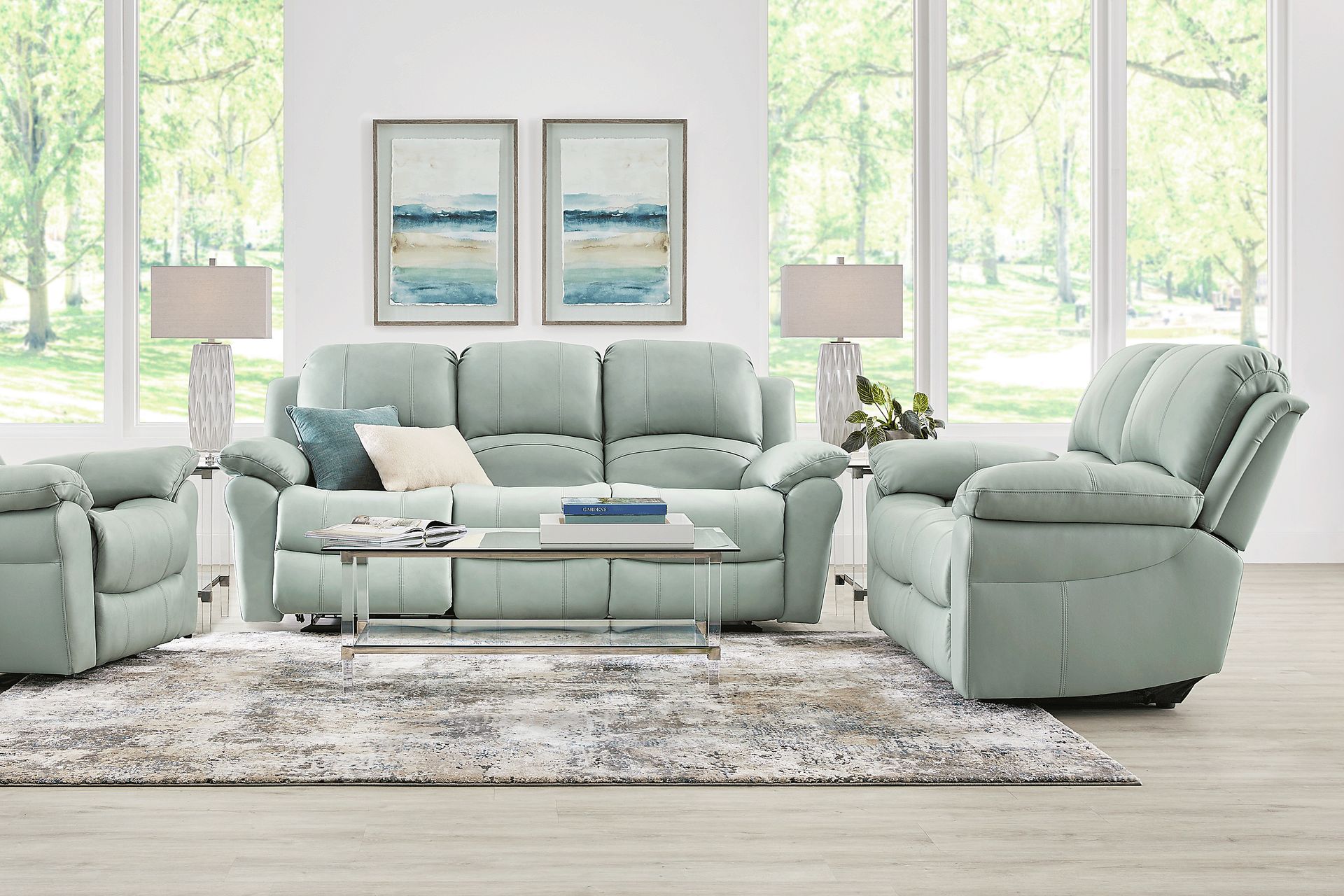 Vercelli Way 2 Pc Aqua Blue Leather Non Power Reclining Living Room Set With Reclining Sofa Stationary Loveseat Rooms to Go