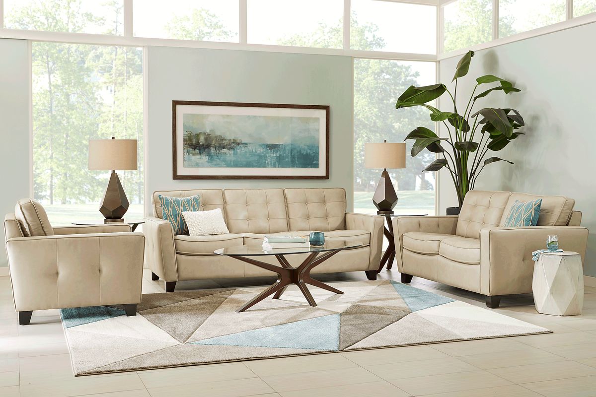Via Rosano 3 Pc Latte Beige Leather Living Room Set With Sofa, Loveseat ...