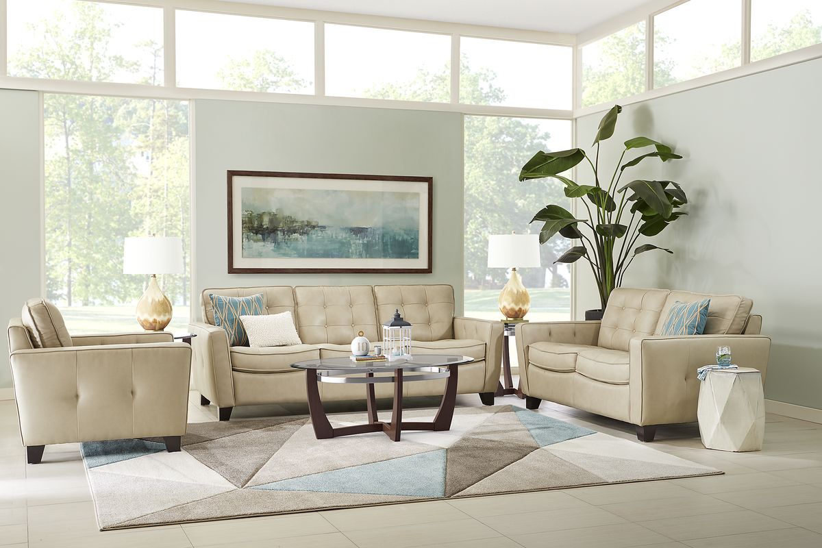 Via Rosano 5 Pc Latte Beige Leather Living Room Set With Sofa, Loveseat ...