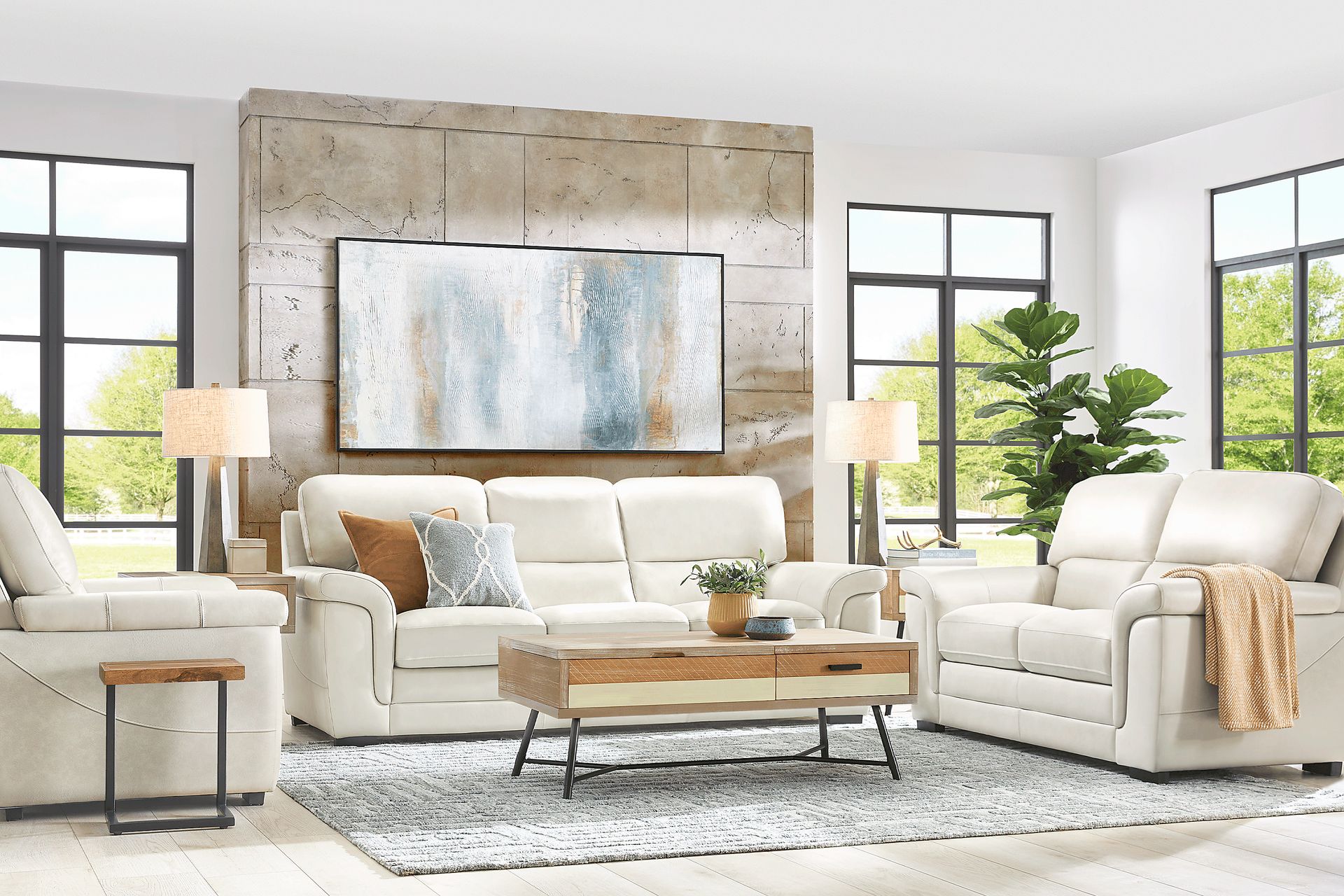 Villa Ashbury White Leather 3 Pc Living Room - Image 1
