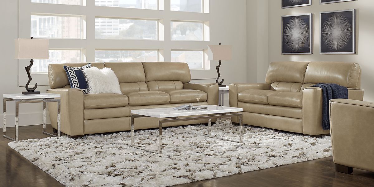 Villa Cabrini 7 Pc Stone Beige Leather Living Room Set | Rooms to Go