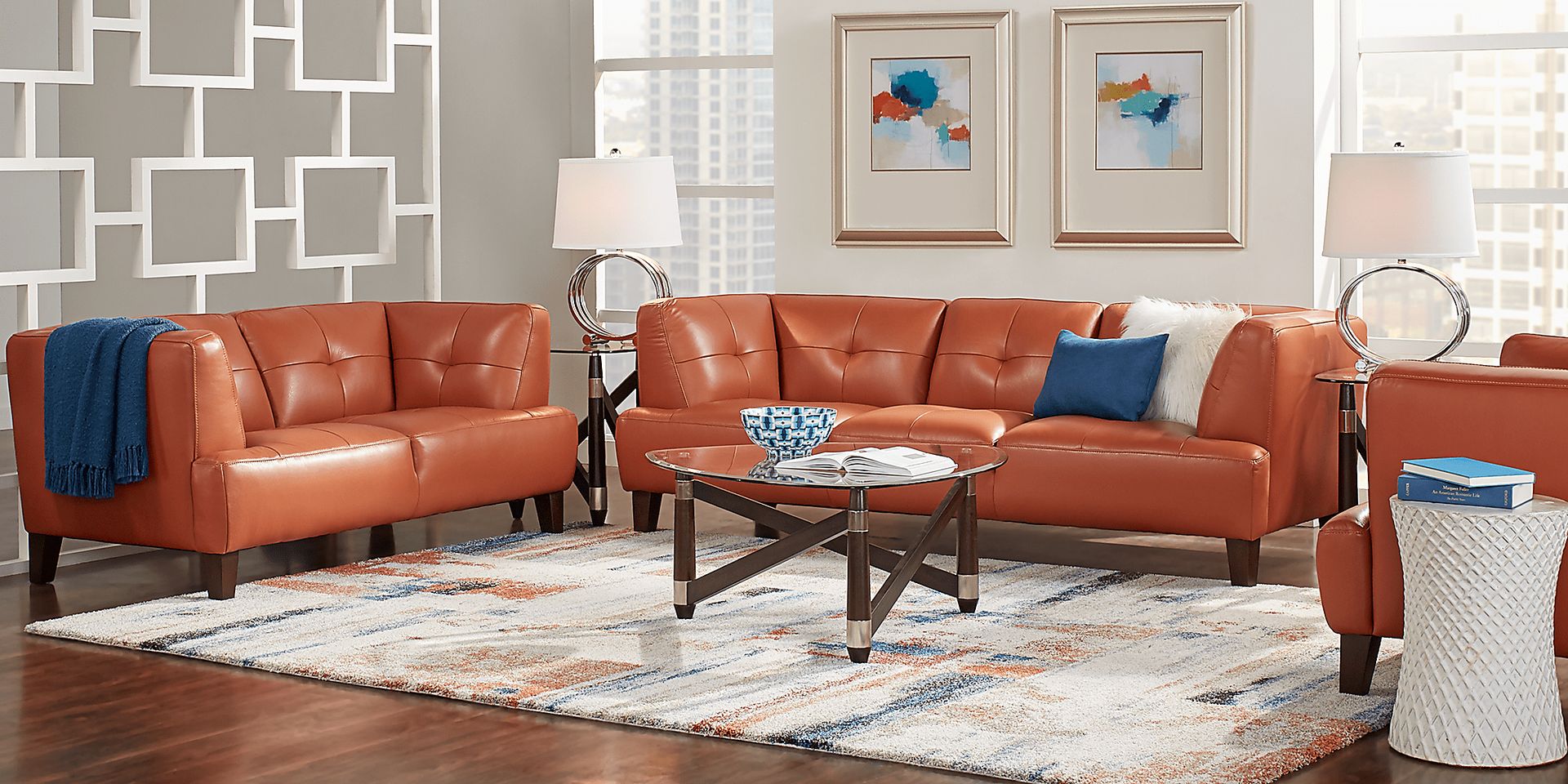 Villa Capri Orange 5 Pc Leather Living Room - Image 1