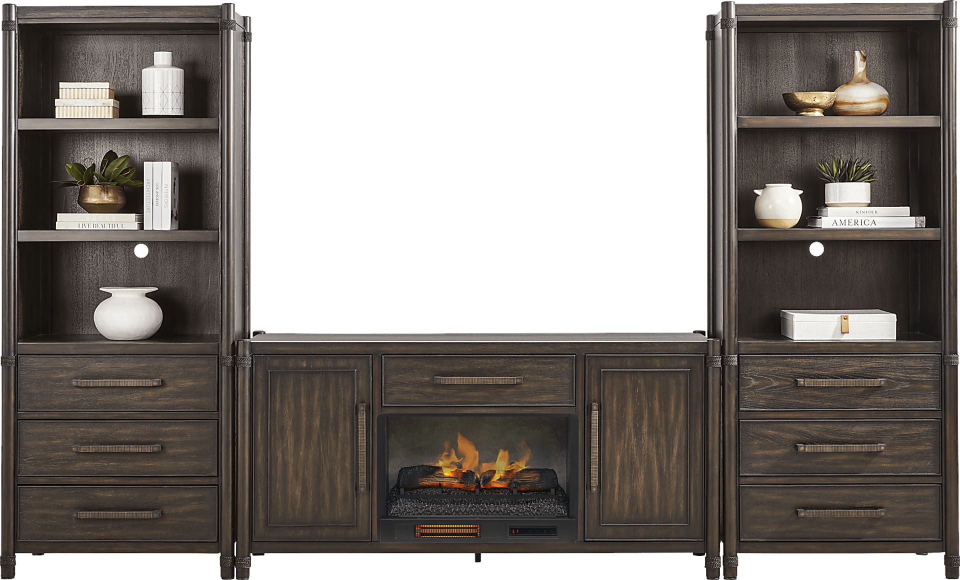 Vineyard Estates Brown 3 Pc Wall Unit with 66 in. Console and Electric Log Fireplace - Image 2