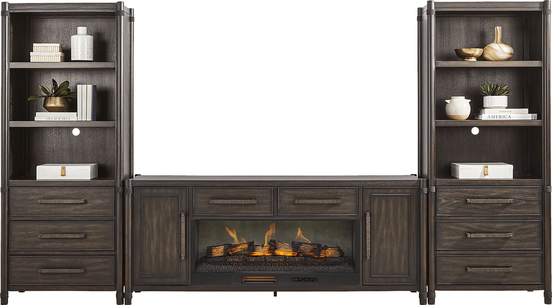 Vineyard Estates Brown 3 Pc Wall Unit with 78 in. Console and Electric Log Fireplace - Image 2