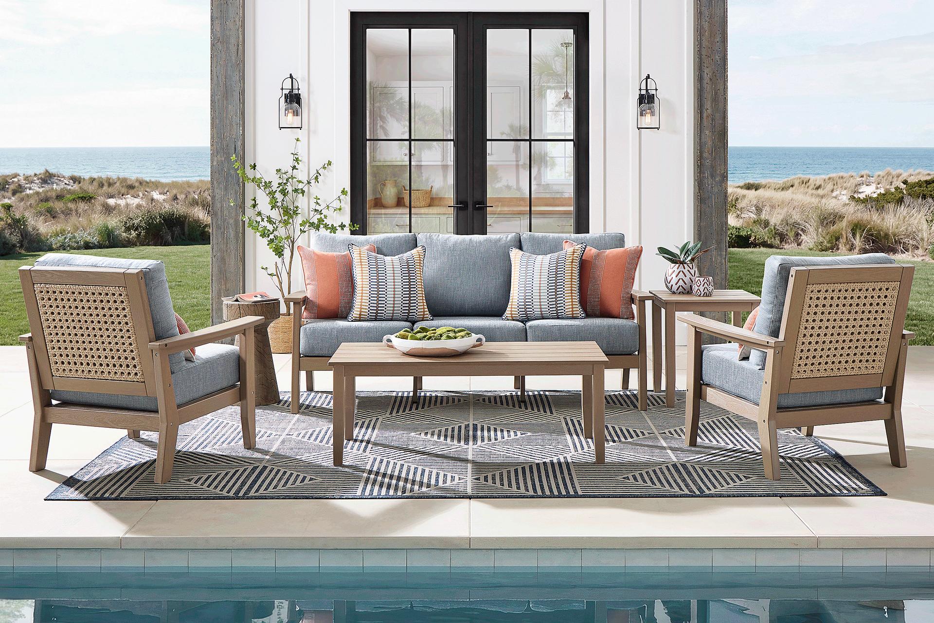 Wakefield Brown 3 Pc Outdoor Seating Set with Denim Cushions