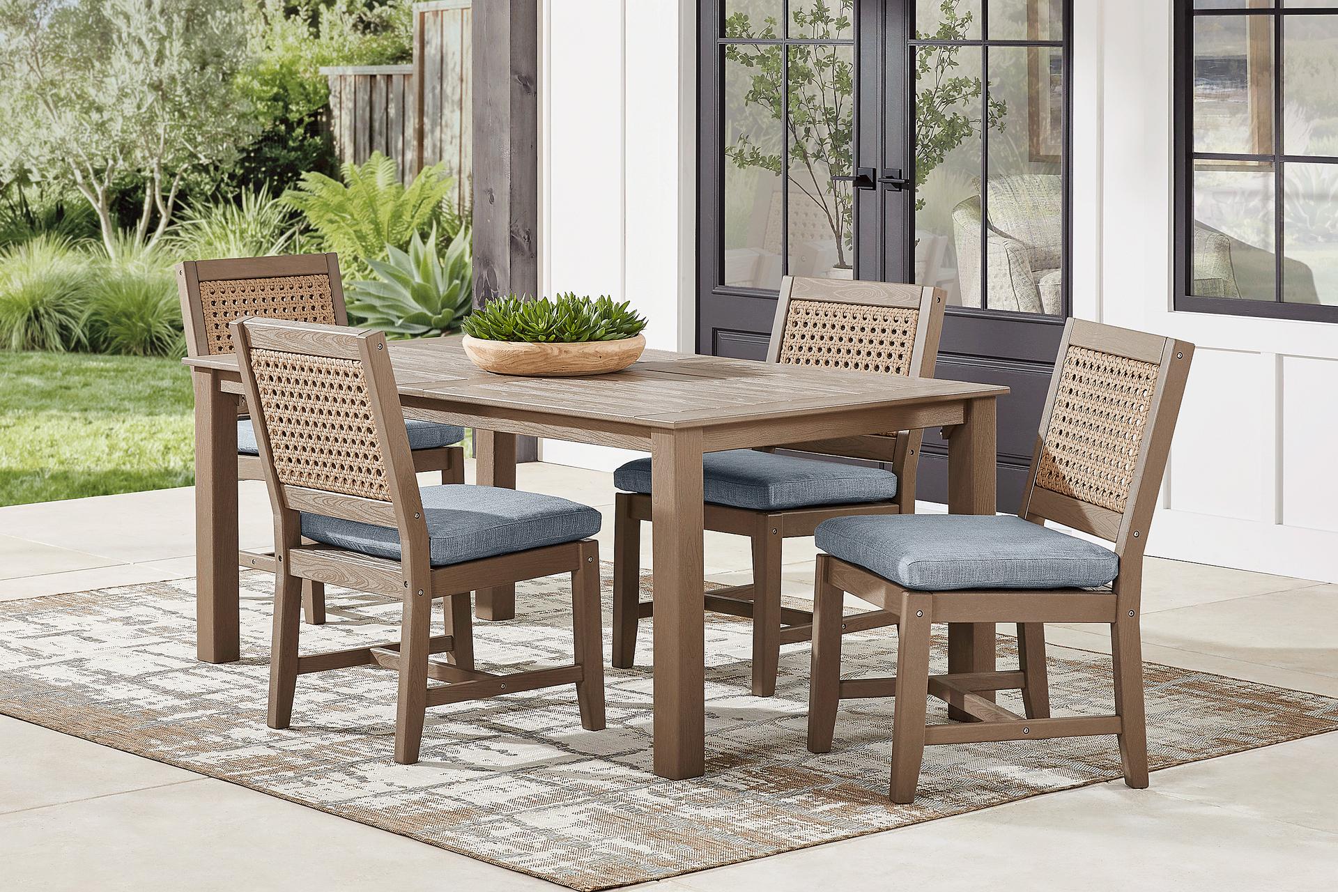 Wakefield Brown 5 Pc 71 in. Outdoor Dining Set with Denim Cushions