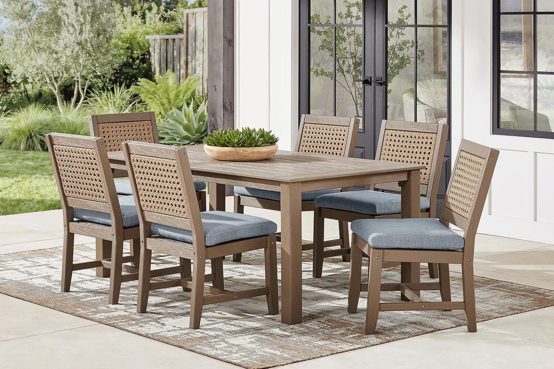 Wakefield Brown 7 Pc 71 in. Outdoor Dining Set with Denim Cushions