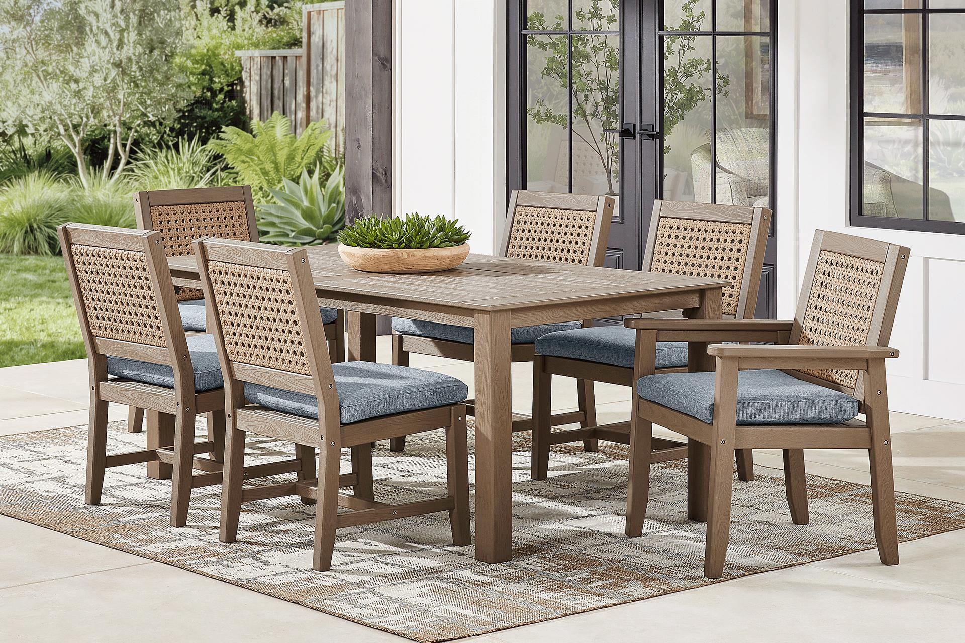 Wakefield Brown 7 Pc 71 in. Outdoor Dining Set with Denim Cushions