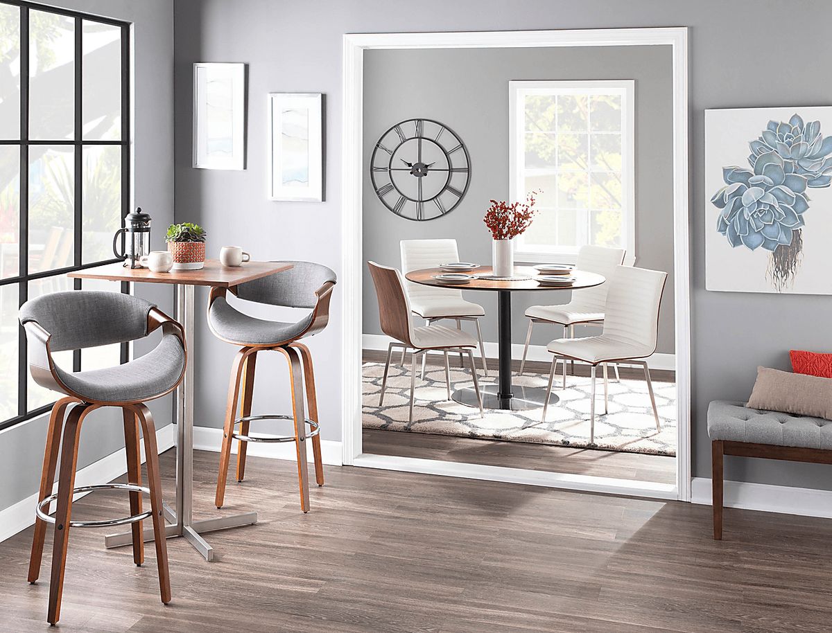 Walincia Walnut Dark Wood Gray Polyester Fabric Swivel Bar Height ...