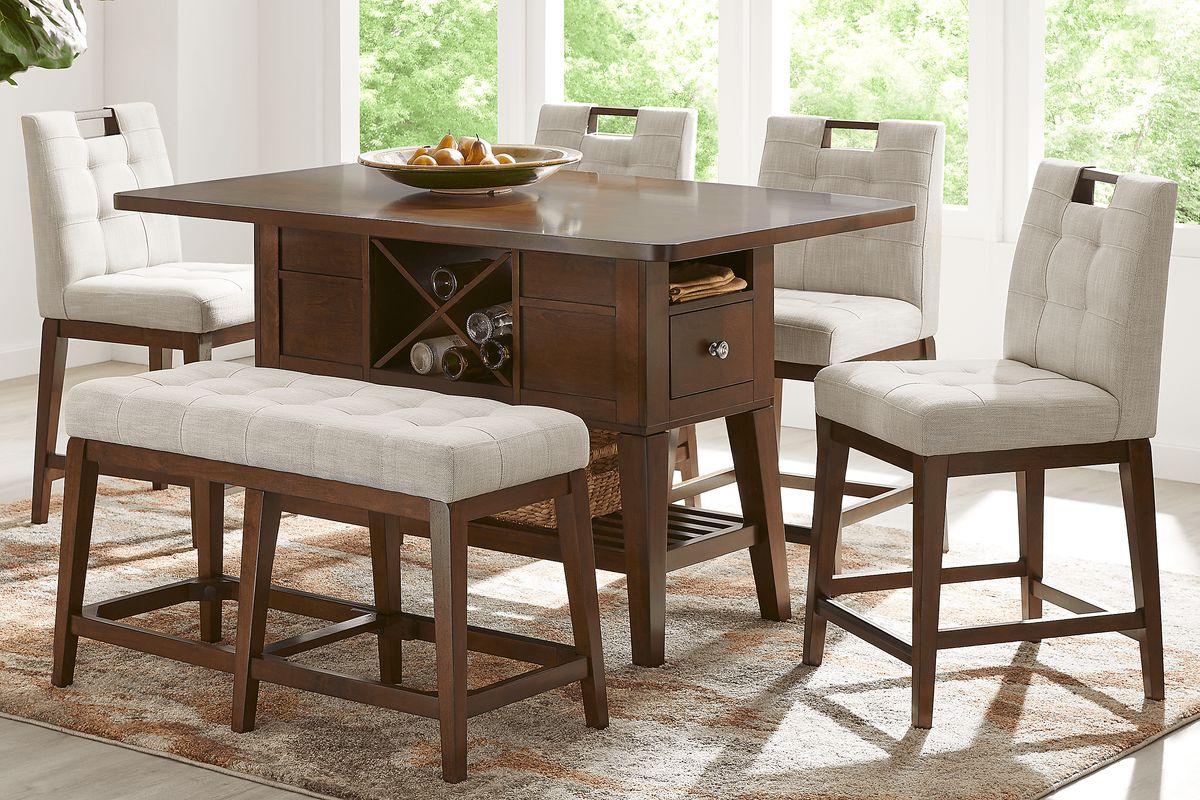 Walstead Place 5 Pc Brown Dark Wood Beige Dining Room Set With Counter