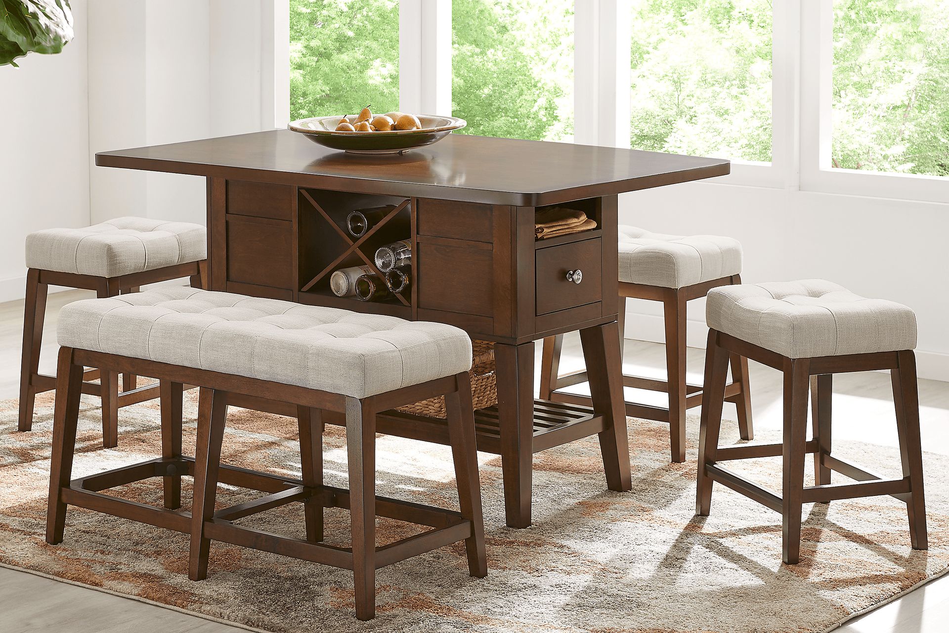 Walstead Place Brown 6 Pc Counter Height Dining Room with Beige Bench and Kyoto Stools - Image 1