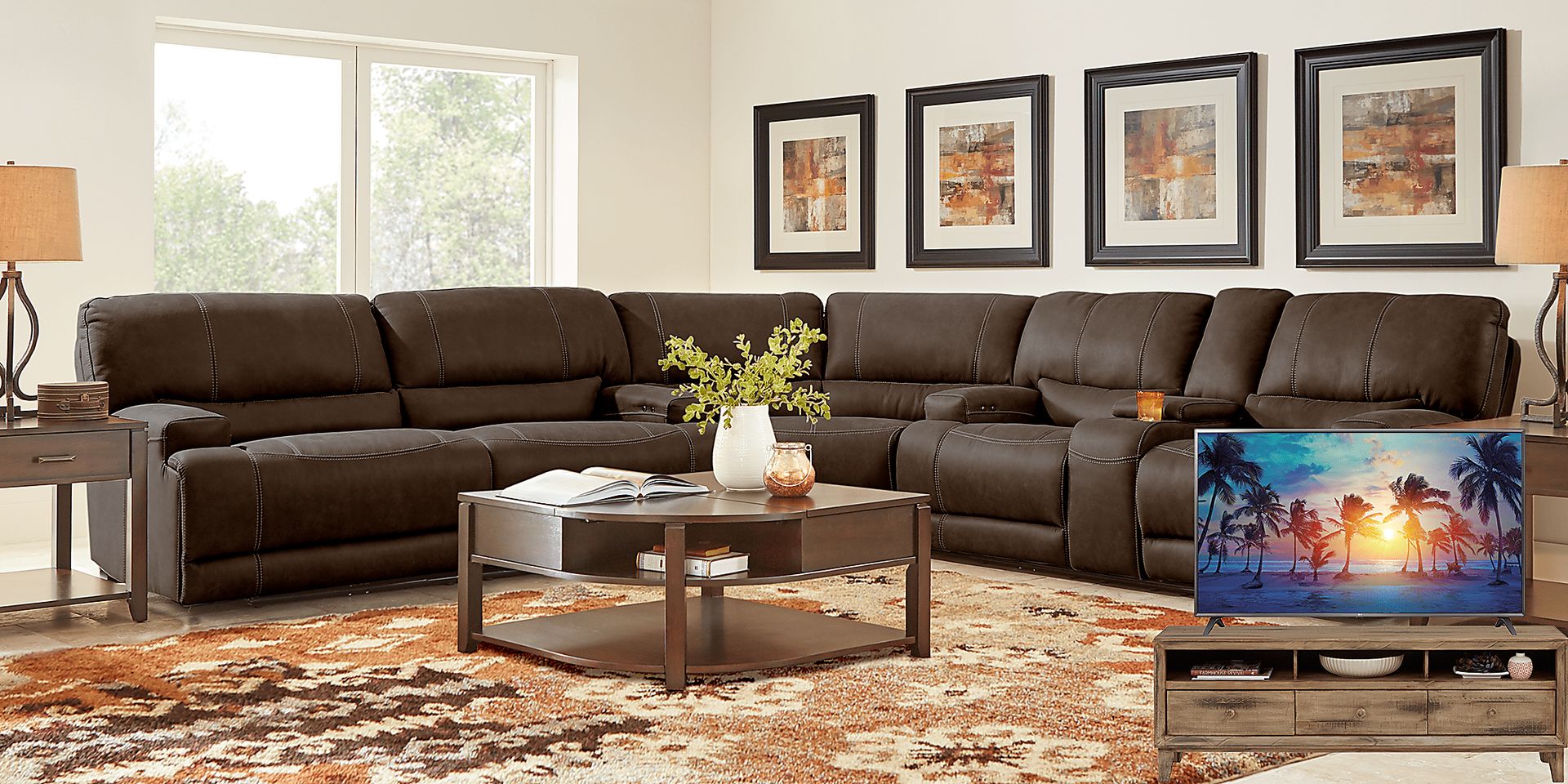 Warrendale Chocolate 5 Pc Power Reclining Sectional Living Room Plus 70 in. TV - Image 1